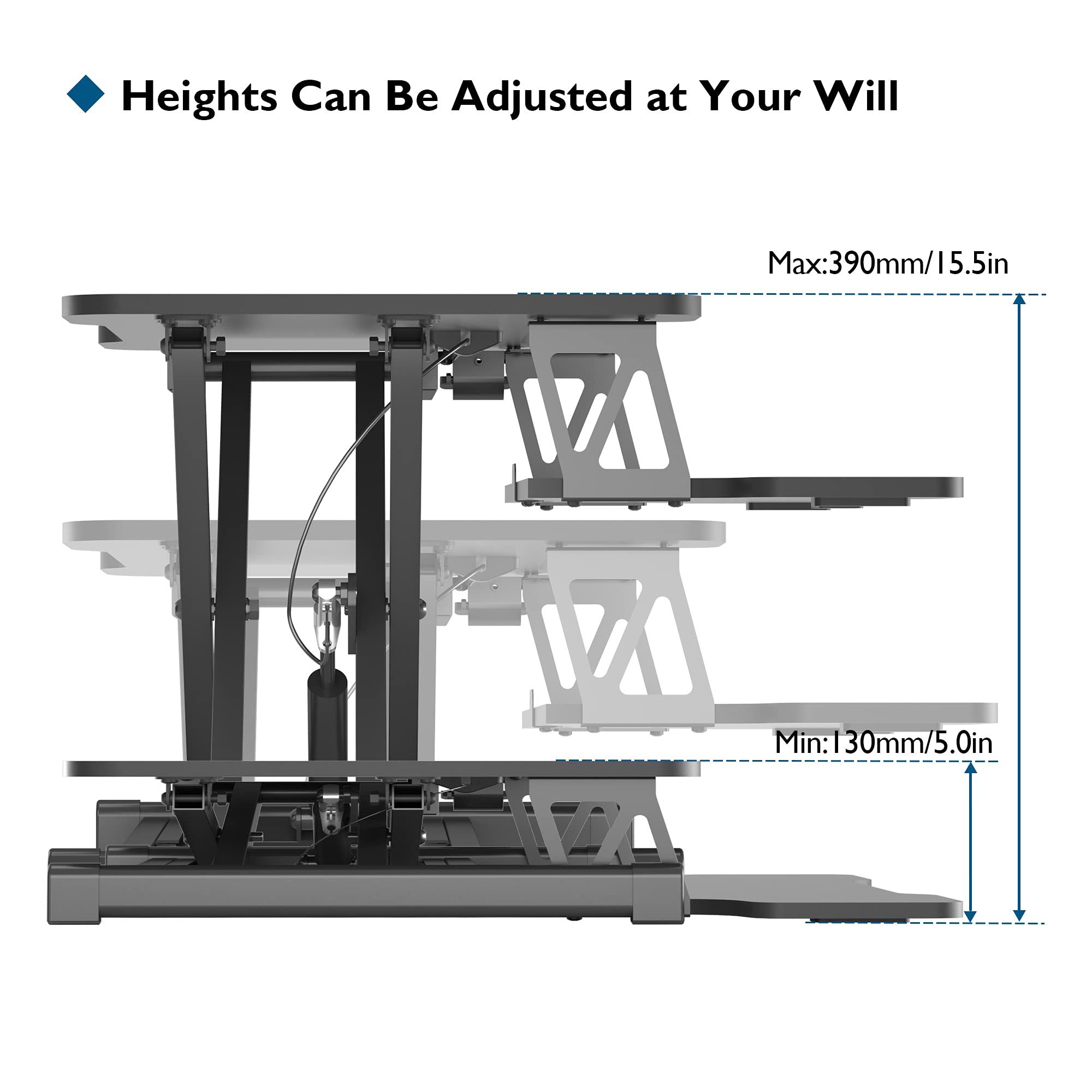 BONTEC Standing Desk Converter, 55cm Height Adjustable Standing Desk Riser with Keyboard Tray Deep Sit-Stand Desk for Laptop, Monitor Up to 15kg