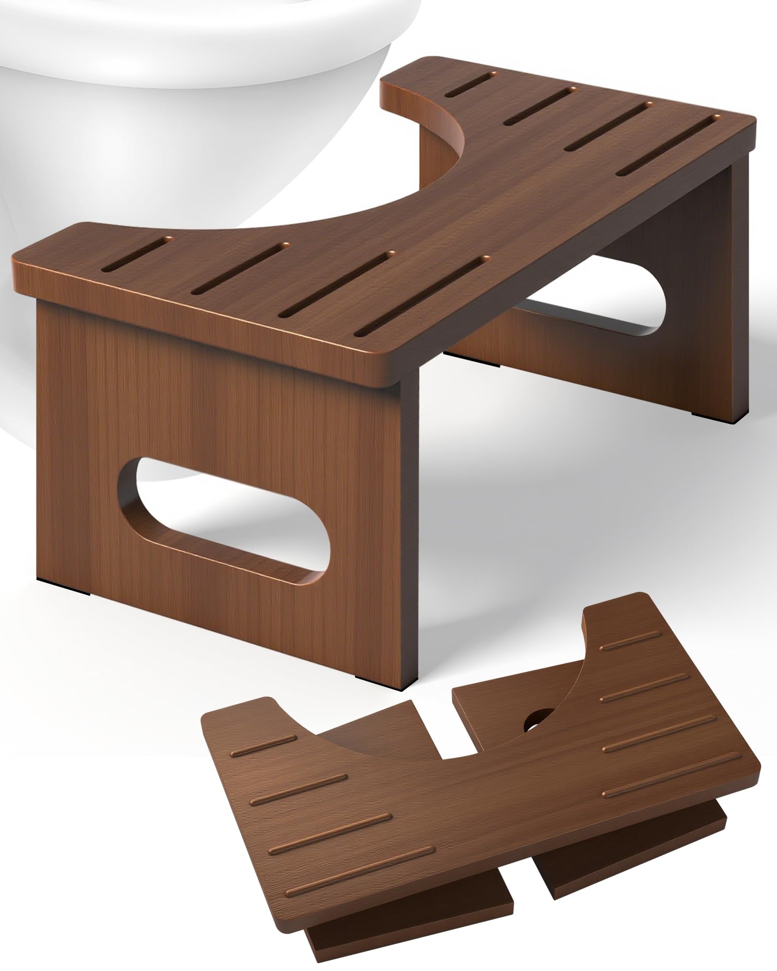 AkoaDa Wooden Toilet Stool, Footstool with Anti-slip Pads, Space Saving Folding, 35? Durable C Shaped Stool (Brown)