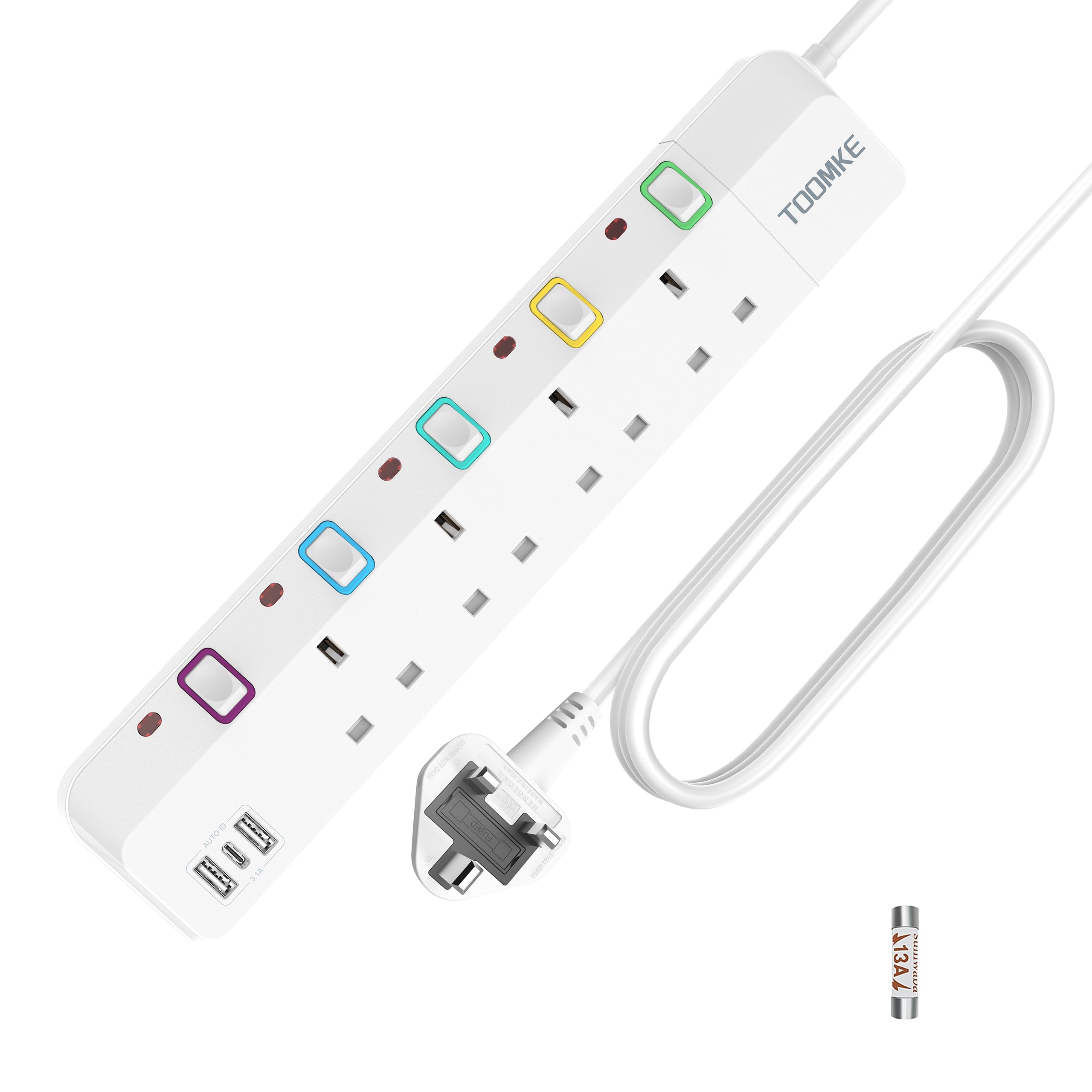 10M Extension Lead with Switches, 4 Way Extension Lead with 3 USB Ports (2 USB-A&1 USB C), Child Safety Protection Power Strip UK Plug Extension