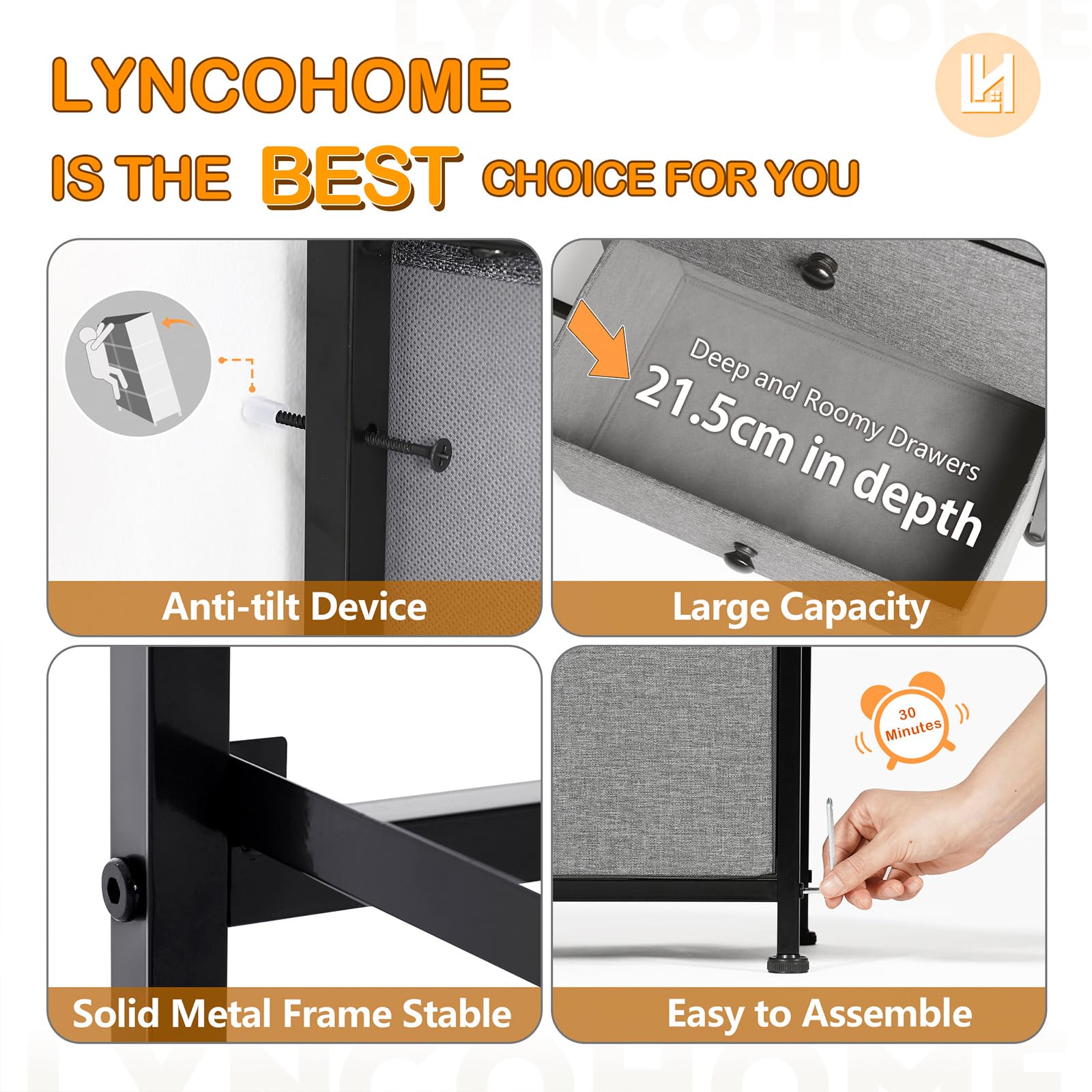 LYNCOHOME Chest of Drawer Bedroom, Drawers Storage Unit, Fabric Dresser with Metal Frame and Wooden Top, for Bedroom Living room, Nursery, Closet