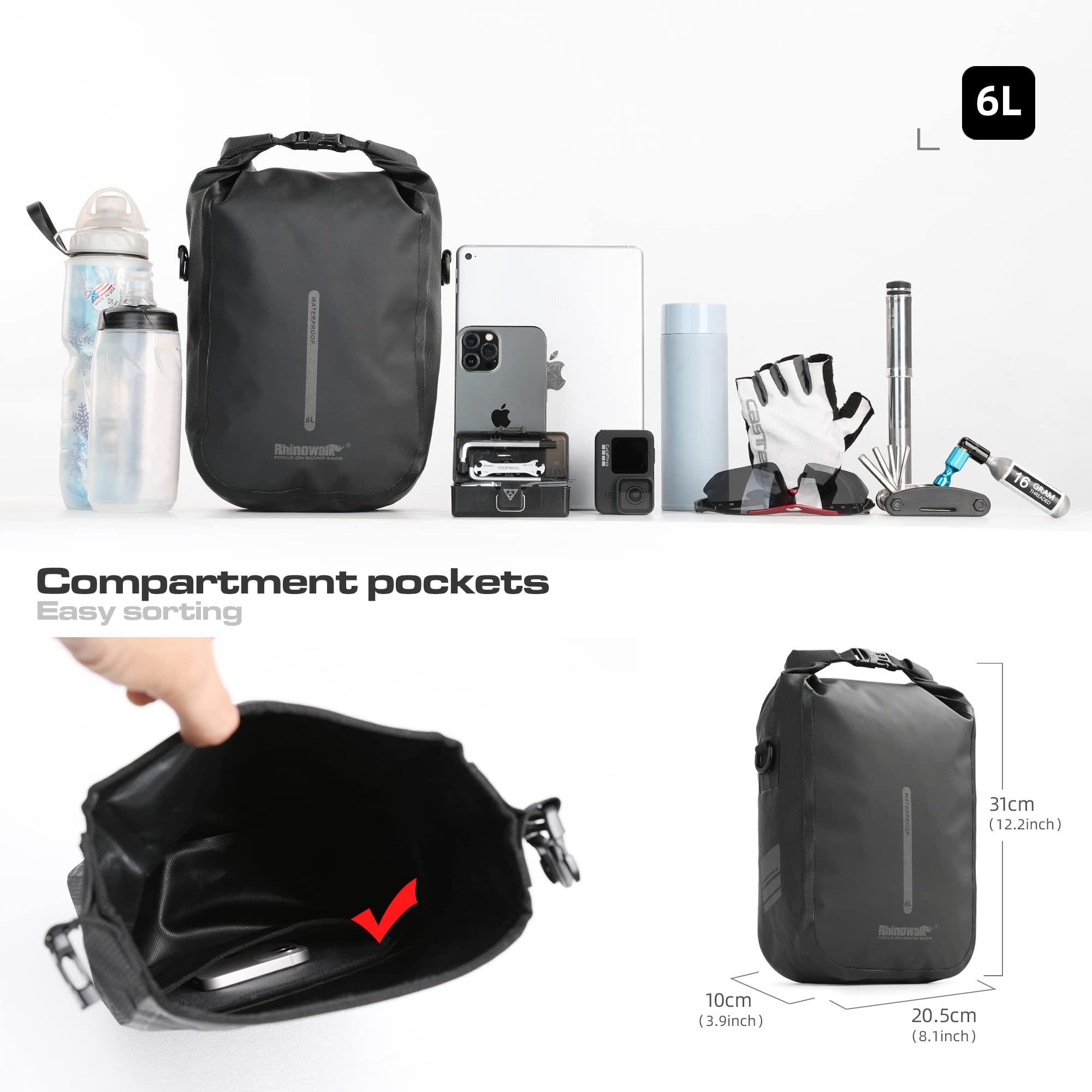Rhinowalk Bike Front Fork Bag Waterproof 4-6L Bicycle Quick Release Dry Bag for Bikepacking Cycling Touring
