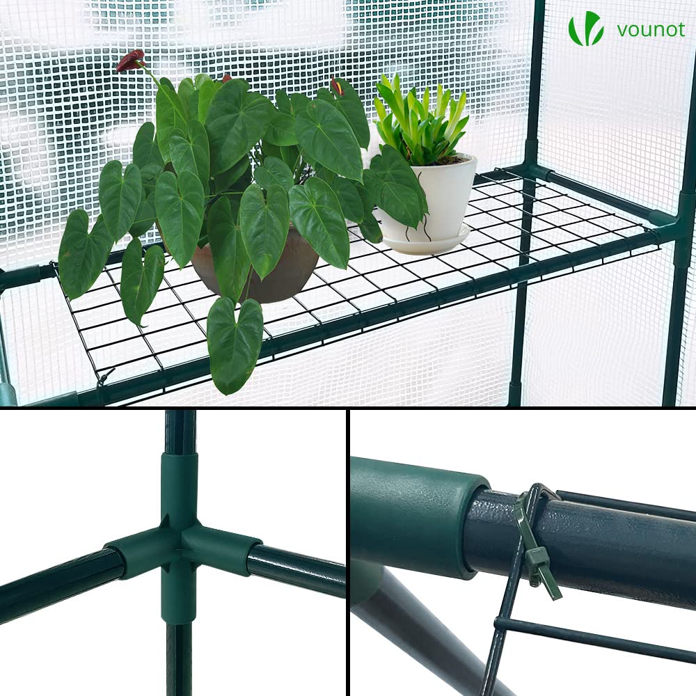 VOUNOT? Walk In Greenhouse with Shelves, Roll up Zip Panel Door Garden Plastic Polytunnels Grow House for Outdoor Use, White 143x215x195cm