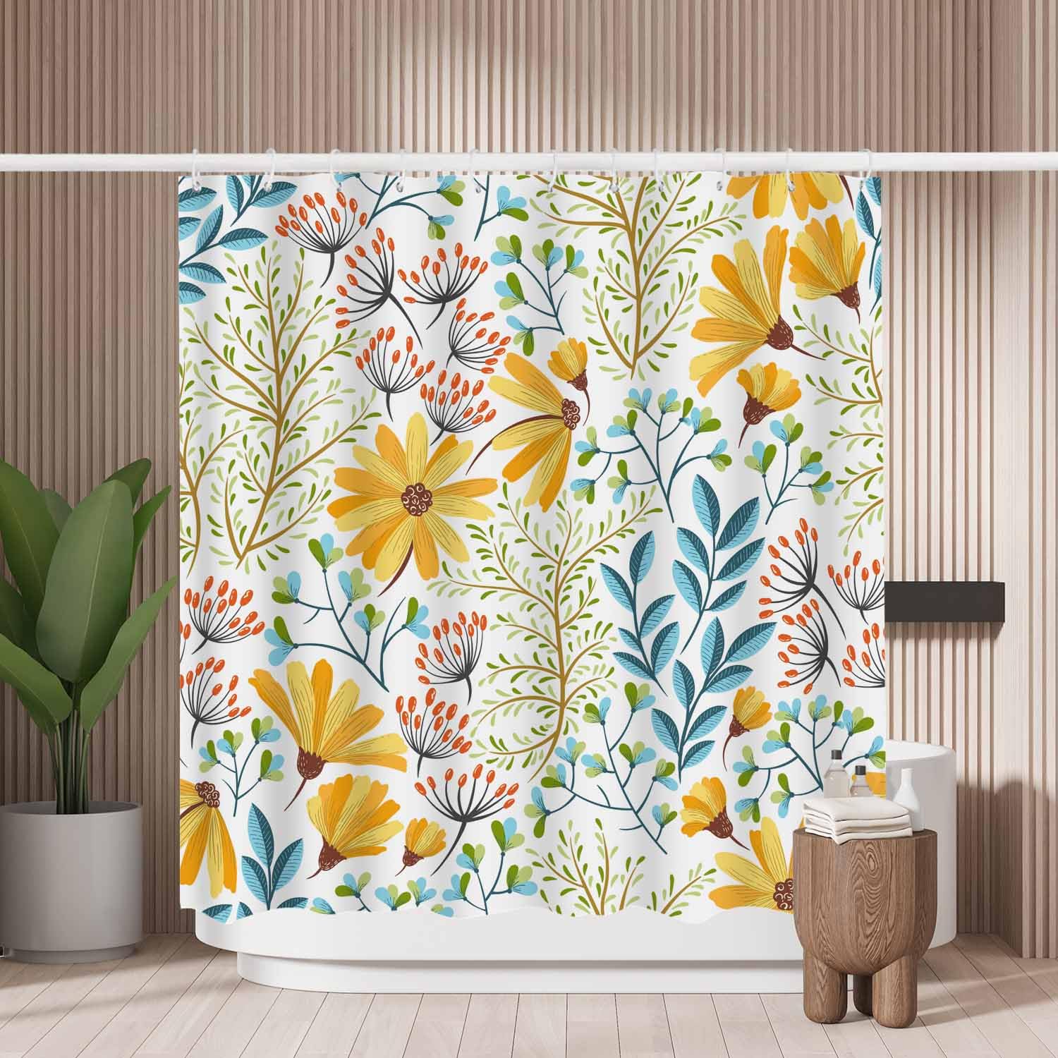 Woutay Shower Curtain Water Repellant Fabric Colorful Floral,Mould Proof Resistant,Polyester,with 12 Plastic Hooks