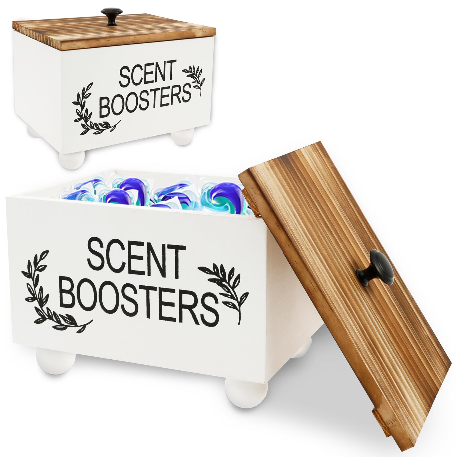 2Pcs Laundry Scent Booster Container, Dryer Sheet Holder with Lid, Rustic Wood Pods Beads Dispenser for Storage, Multipurpose Scent Storage