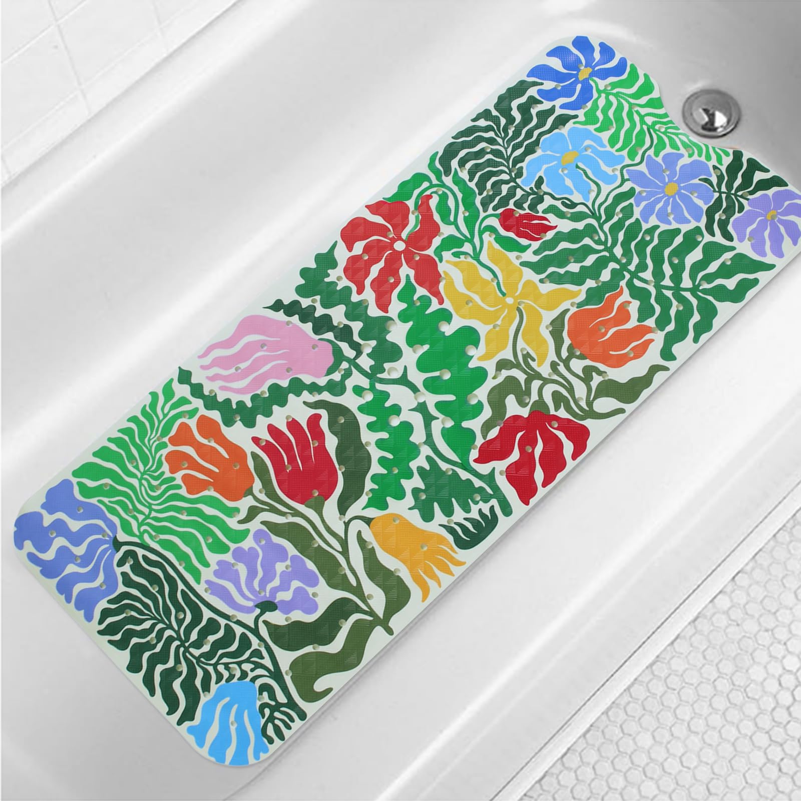 Plant Bathtub Mat Non Slip for Kids 40x16in Extra Long Floral Anti Slip Bath Mat for Tub Abstract Botanical Rustic Shower Mat with Large Drain Holes