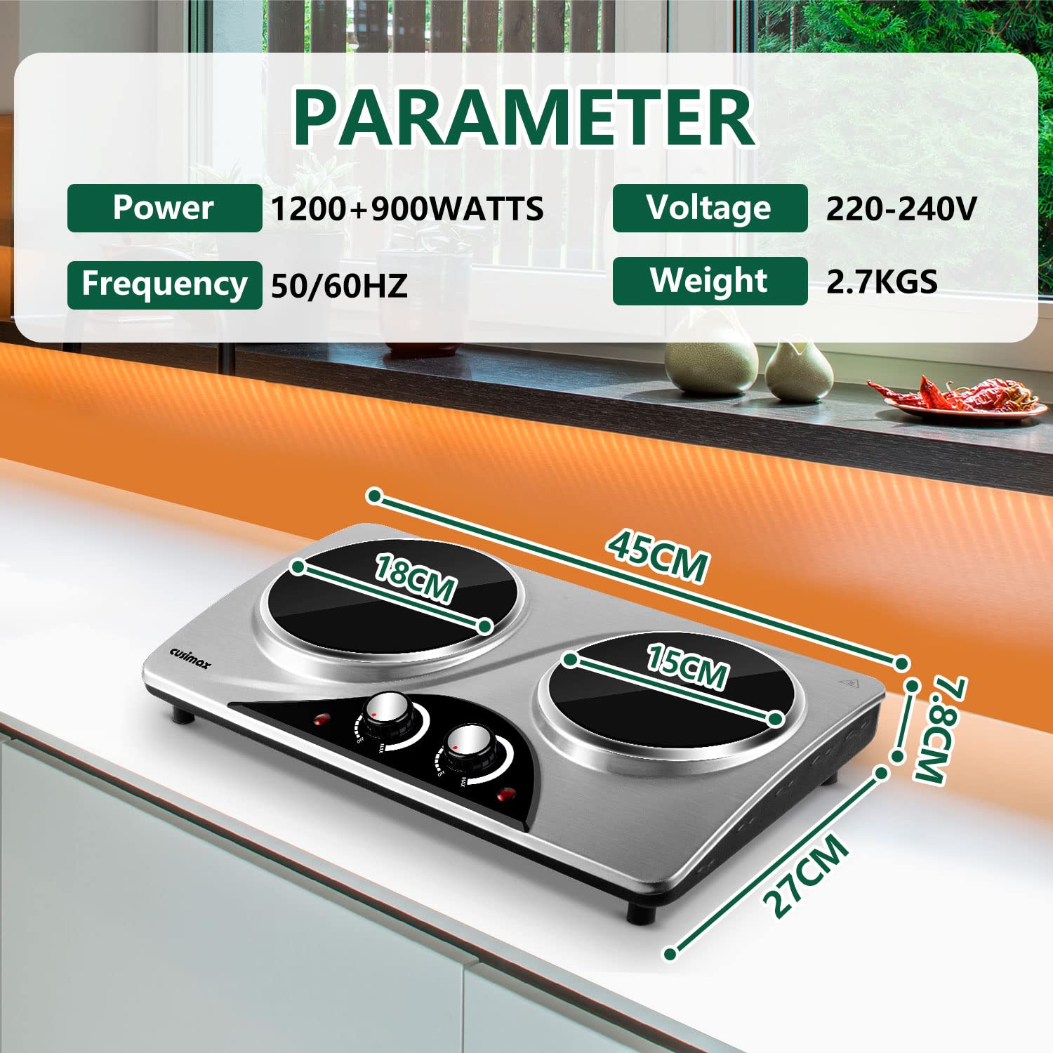 CUSIMAX Hot Plate, Double Infrared Hot Plates for cooking, 2100W Electric Hob Portable Cooktop with Dual Temperature Control & Overheat Protection,