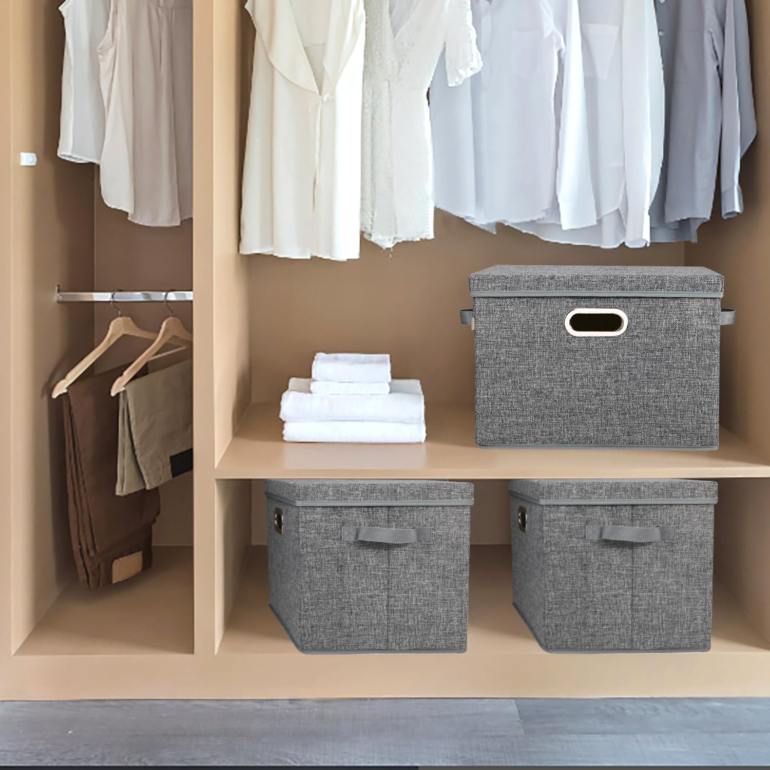 Voova Large Collapsible Storage Bins with Lids,3 Pack Stackable Linen Fabric Cube Storage Organizer,Foldable Closet Storage Boxes Baskets Containers
