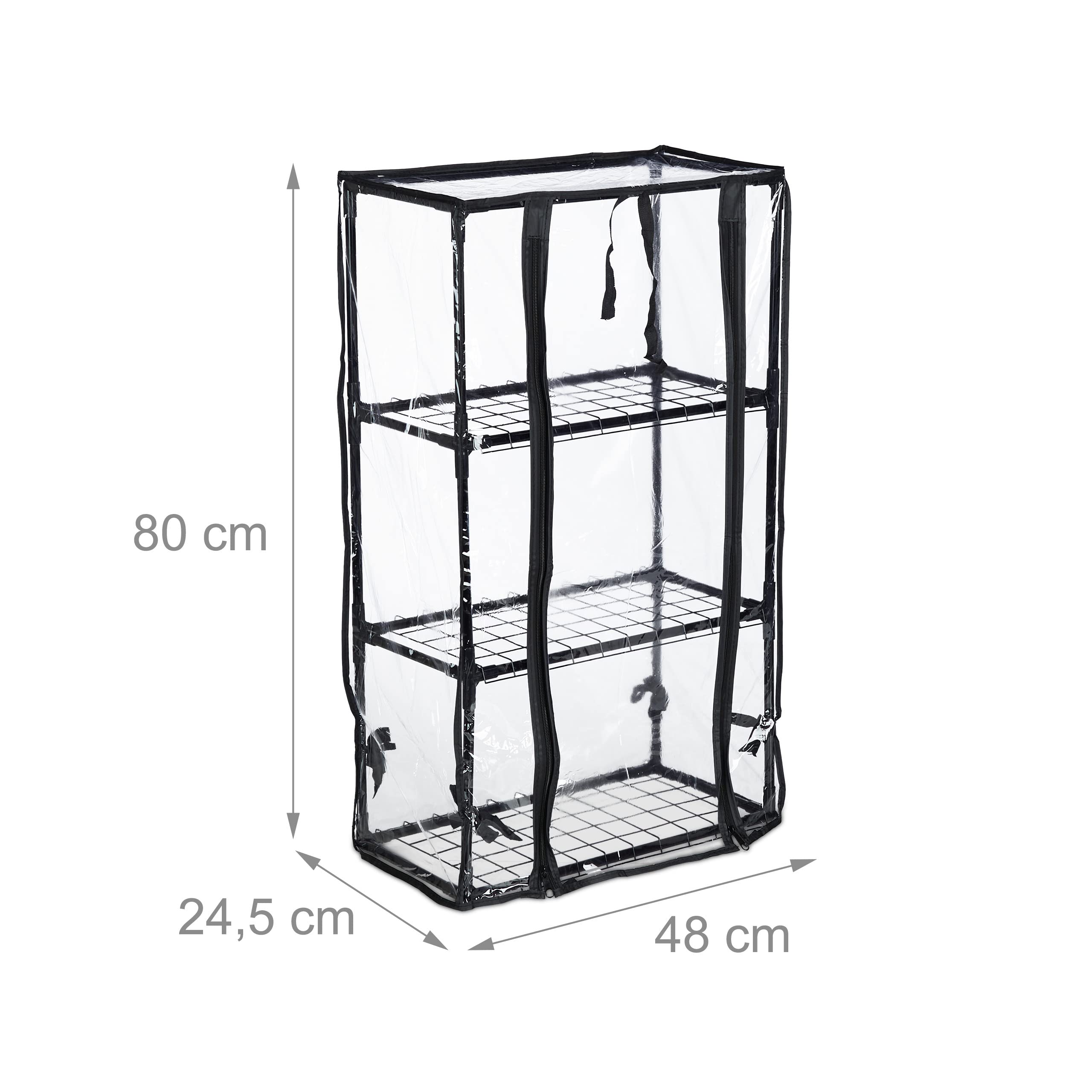 Relaxdays Greenhouse For Balcony, PVC Film , Steel, HxWxD: 126 x 59 x 37 cm, Propagator 3 Levels, Black/Transparent