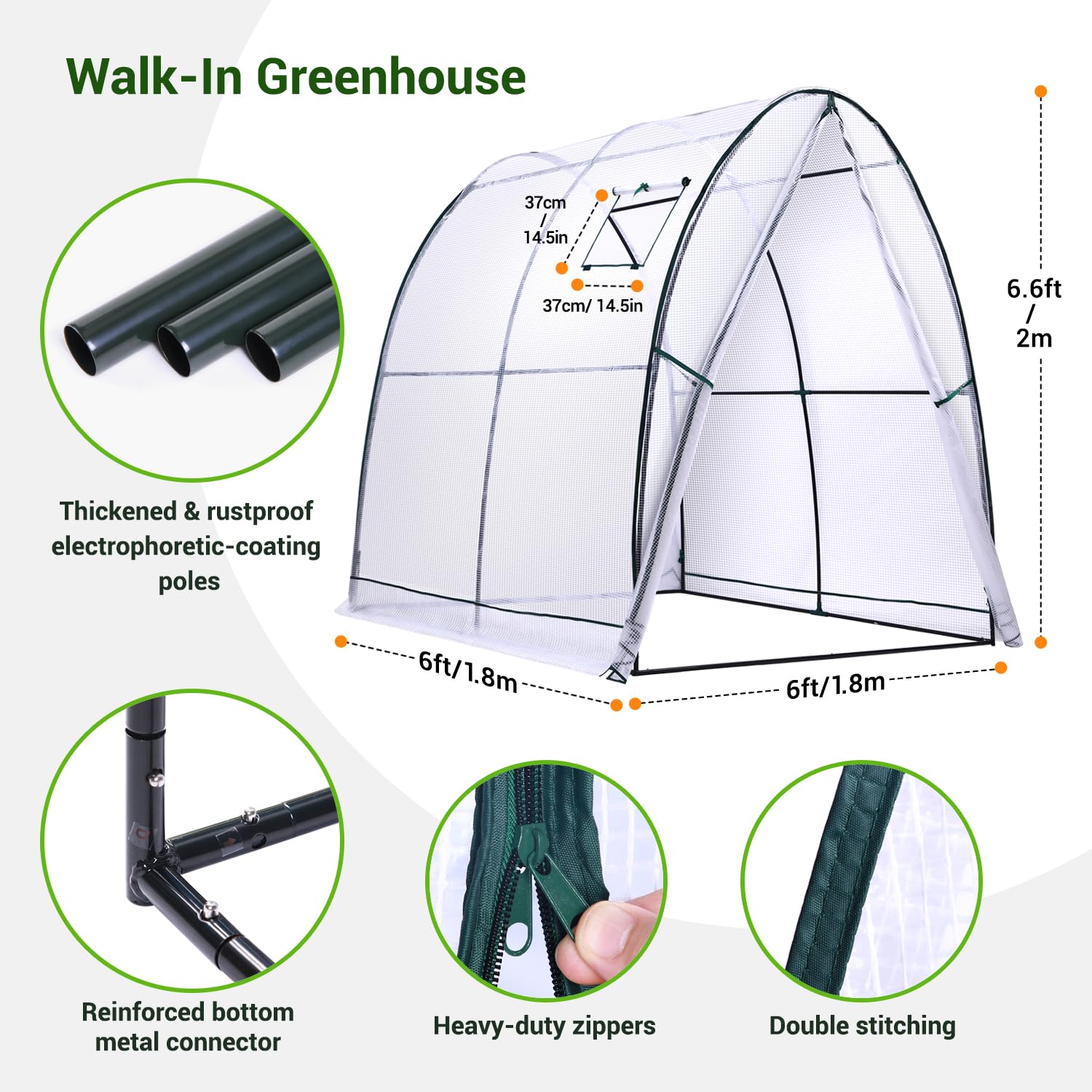 Ohuhu Portable Tunnel Greenhouse Outdoor: Heavy Duty Walk in Green House with Mesh Windows Durable Plastic PE Cover for Outside, 1.8x1.8x2m, White