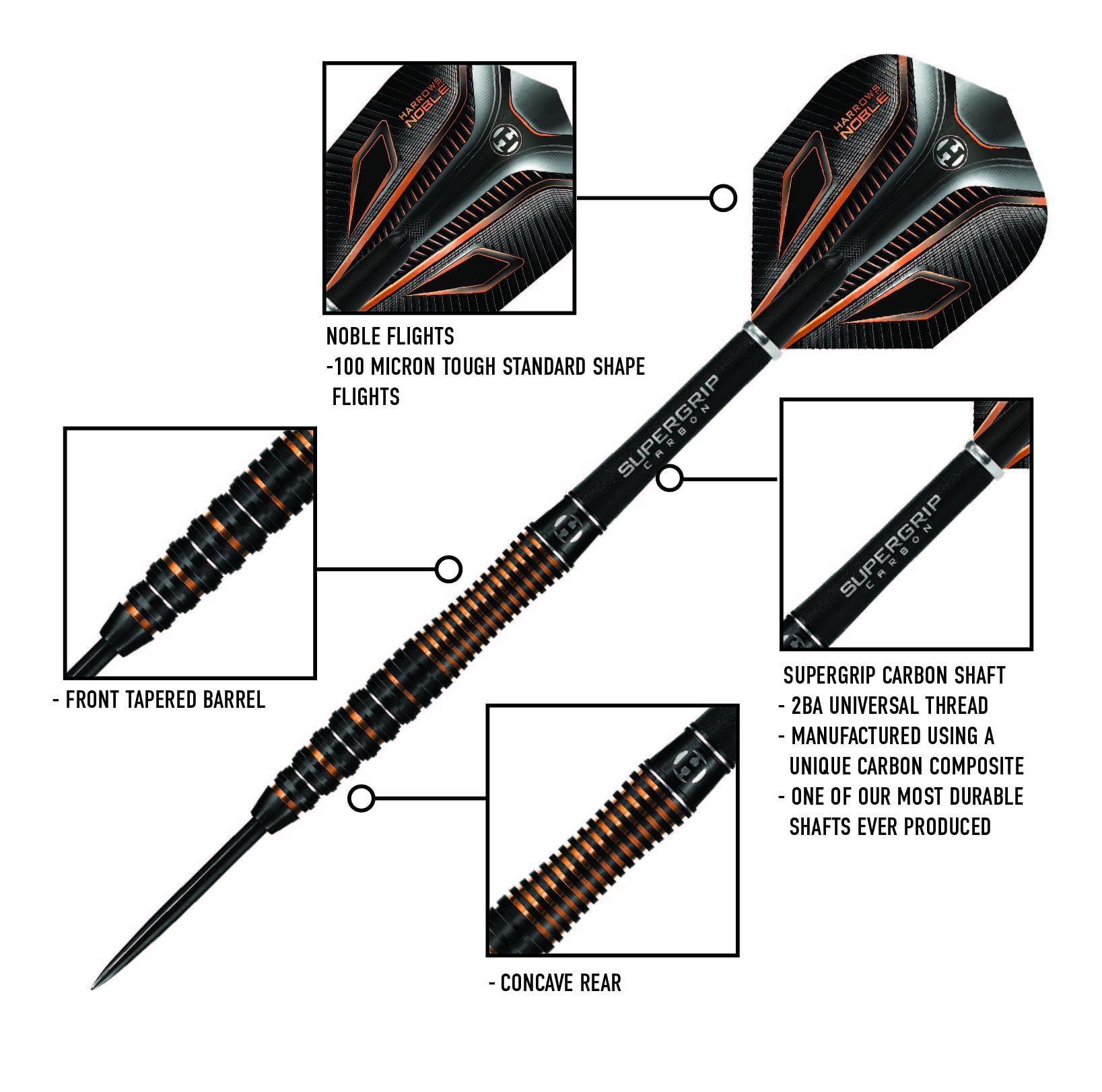 Harrows Noble 90% Tungsten Steel Tip Darts Set 22g, 23g, 24g & 25g - Includes Silver Supergrip Carbon Shafts & Micron Noble Flights (24g)