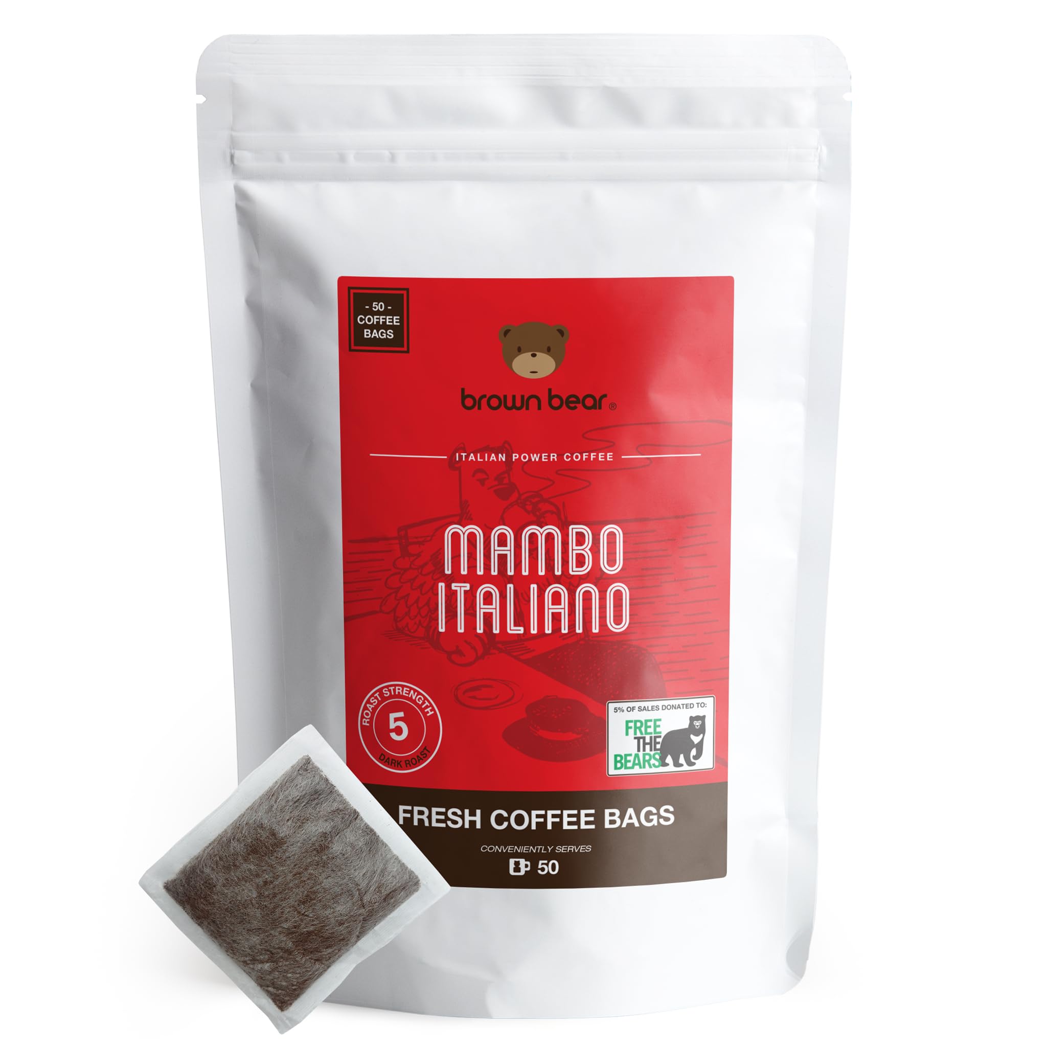 Strong Dark Roast Coffee Bags - Pack of 50 - Brown Bear Mambo Italiano Strong Espresso Blend - Strength 5 - Donation to Free The Bears - Individual