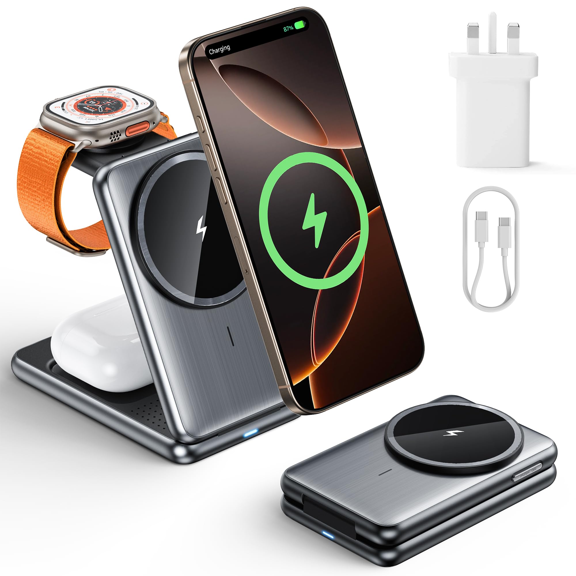 ONEWEST 3 in 1 Wireless Charging Station, 20W Foldable Magnetic Wireless Charger, Phone Charger For iPhone 16/15/14/13/12, Charging Station For
