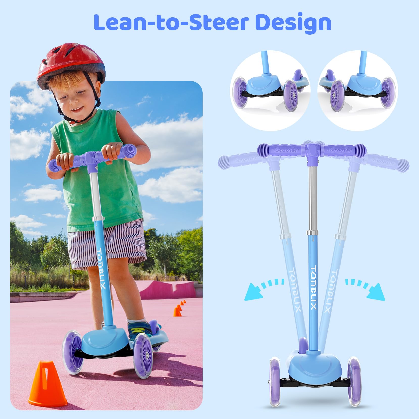 TONBUX 3 Wheel Tri Scooter, Easy Folding System, Height Adjustable Handlebars, Tilt To Turn Steering, Kids Aged 3+ Years (Blue)