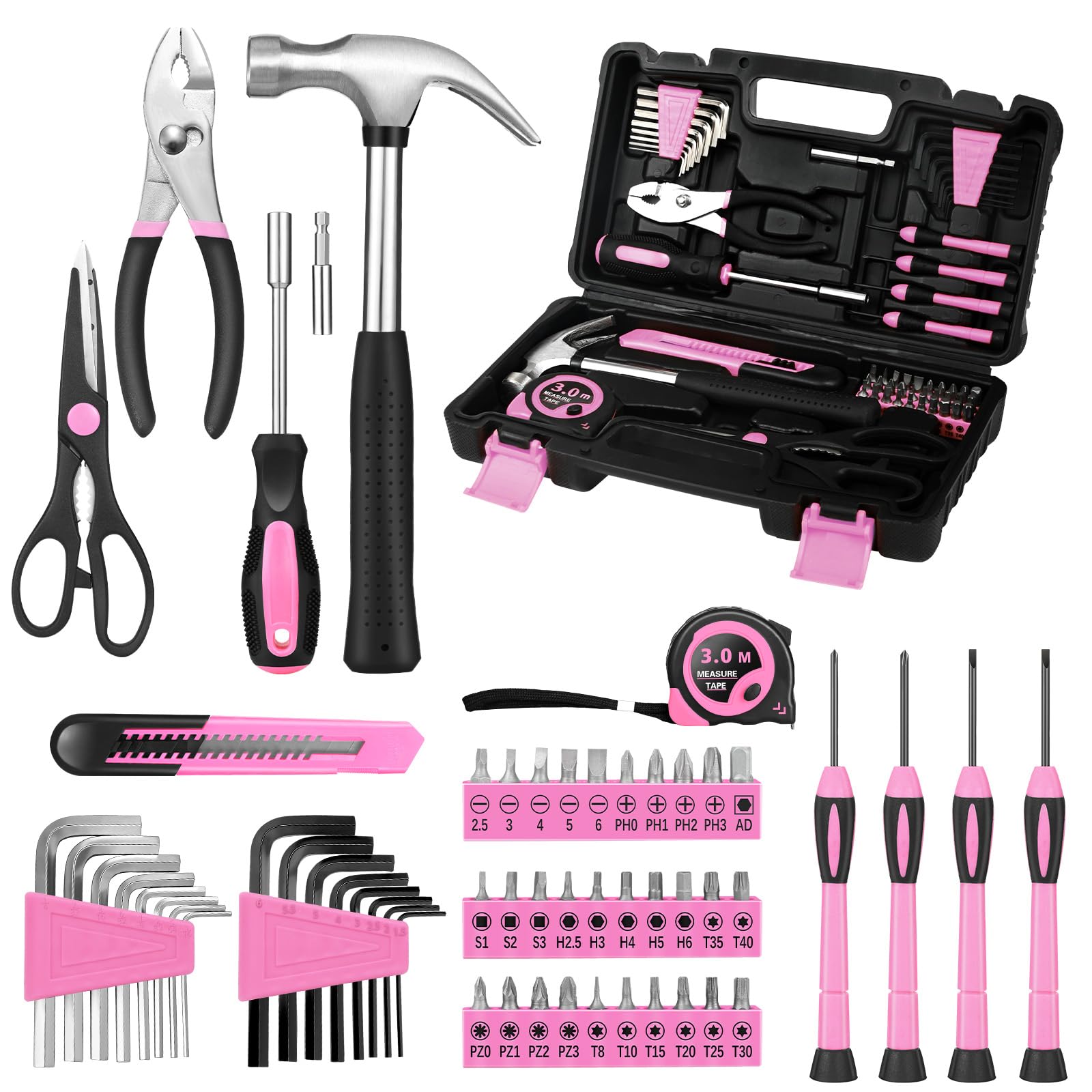 KASAFE 57-Piece Pink Tool Kit Basic Home Repair Tool Set, General Household Hand Tool Kit,Small Tool Kit with Plastic Toolbox Mini Tool kit for Women,