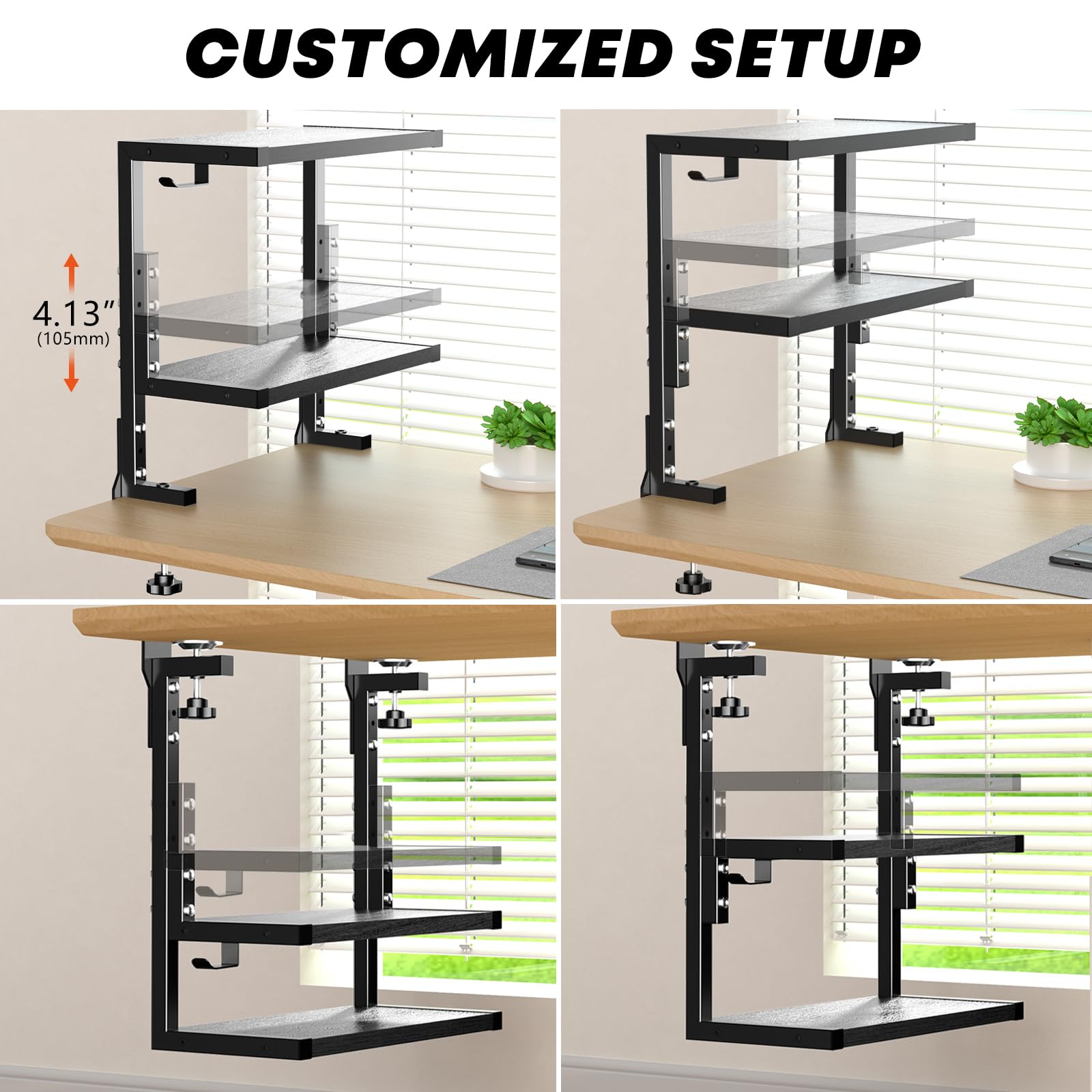 PUTORSEN 2-Tier Clamp-On Desk Shelf - Adjustable Height and Versatile Hook, Above or Under Desk Storage for Office & Gaming, Black