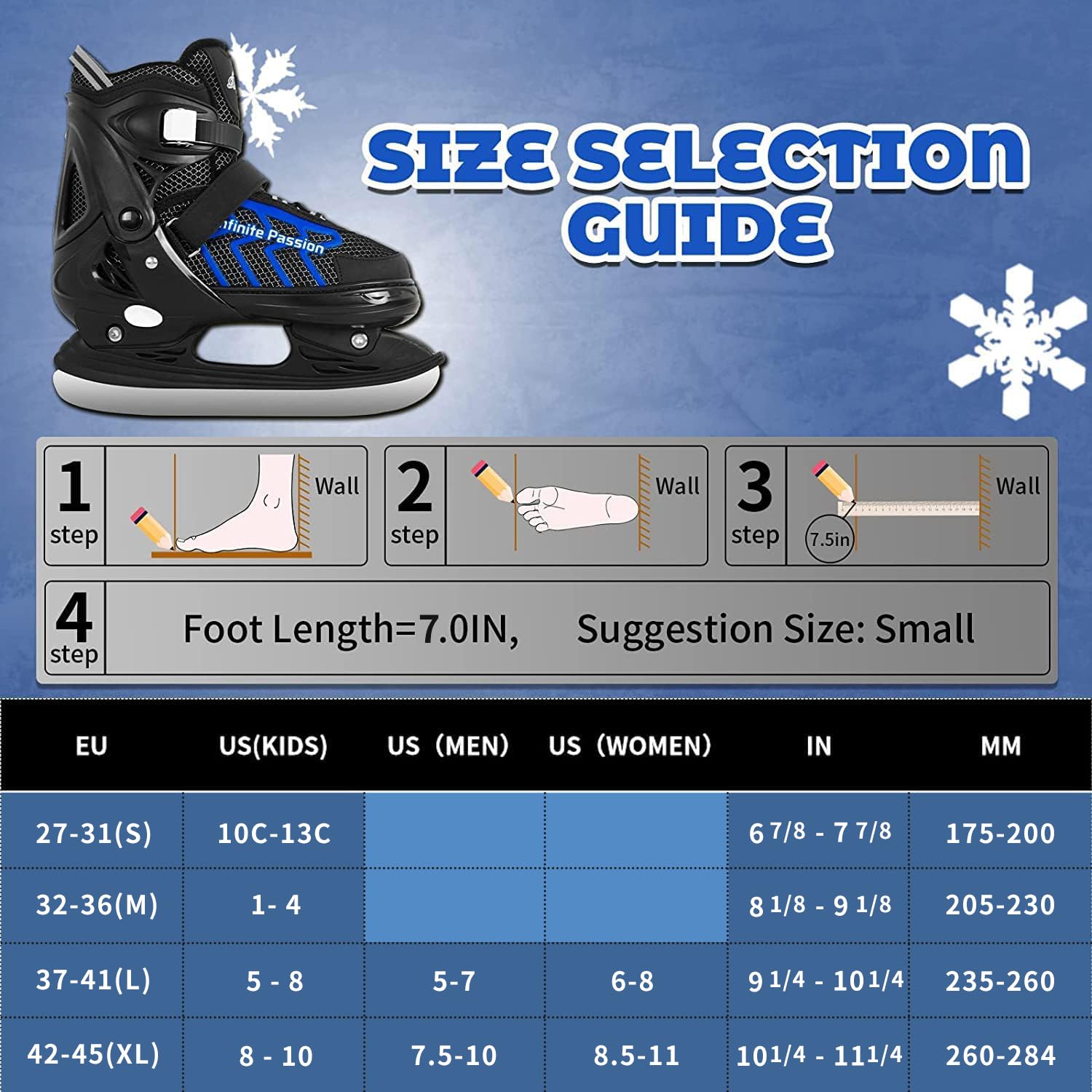 Nattork Adjustable Toddler Ice Skate for Boys Soft Padding and Reinforced Ankle Support Ice Hockey Skates (Blue, Large (37-41))