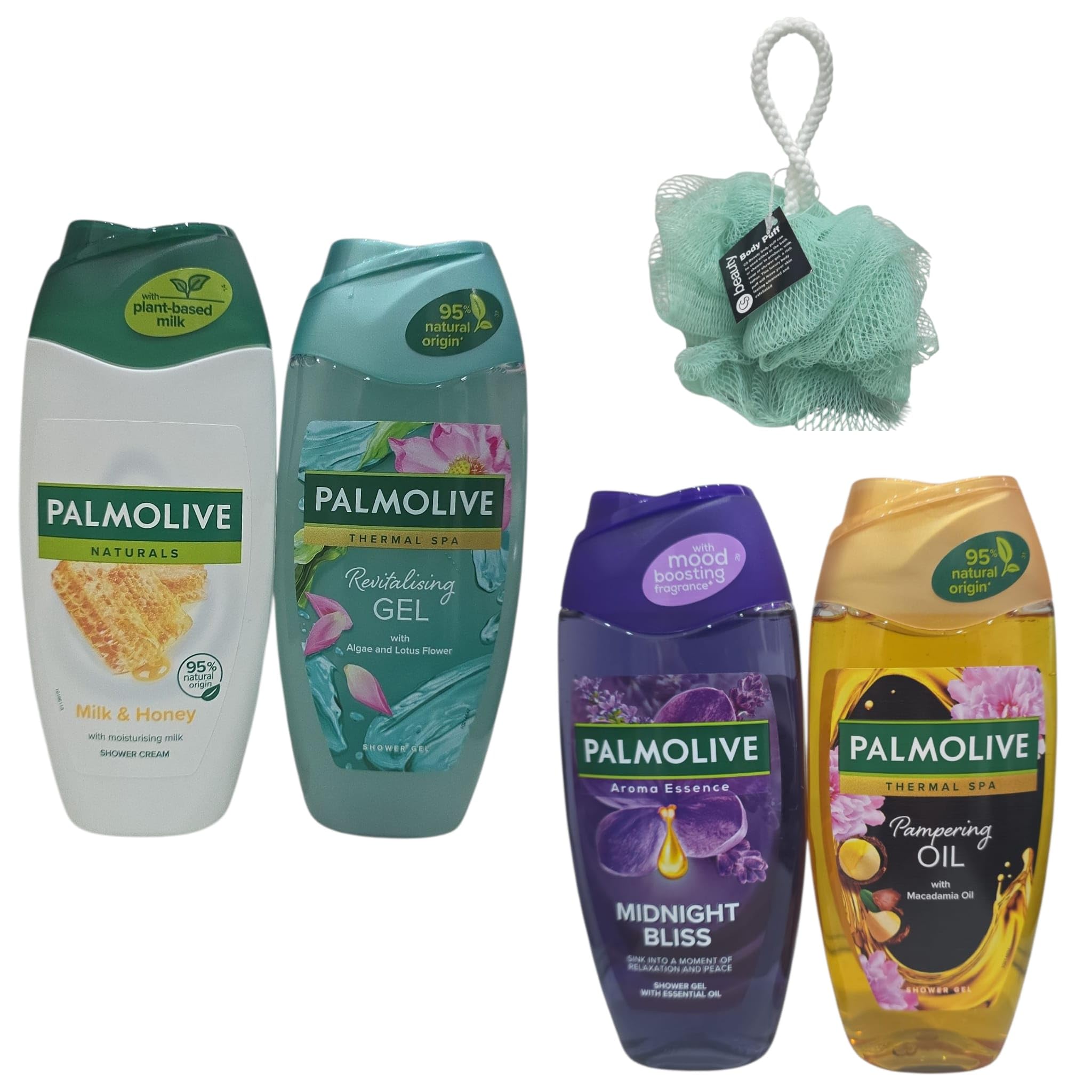 Palmoliv Shower Gel Gift Set ? 4 x 250ml Bottles (Thermal Spa, Midnight Bliss, Milk & Honey, Revitalising Gel) with FREE Body Puff | Luxurious Bath &