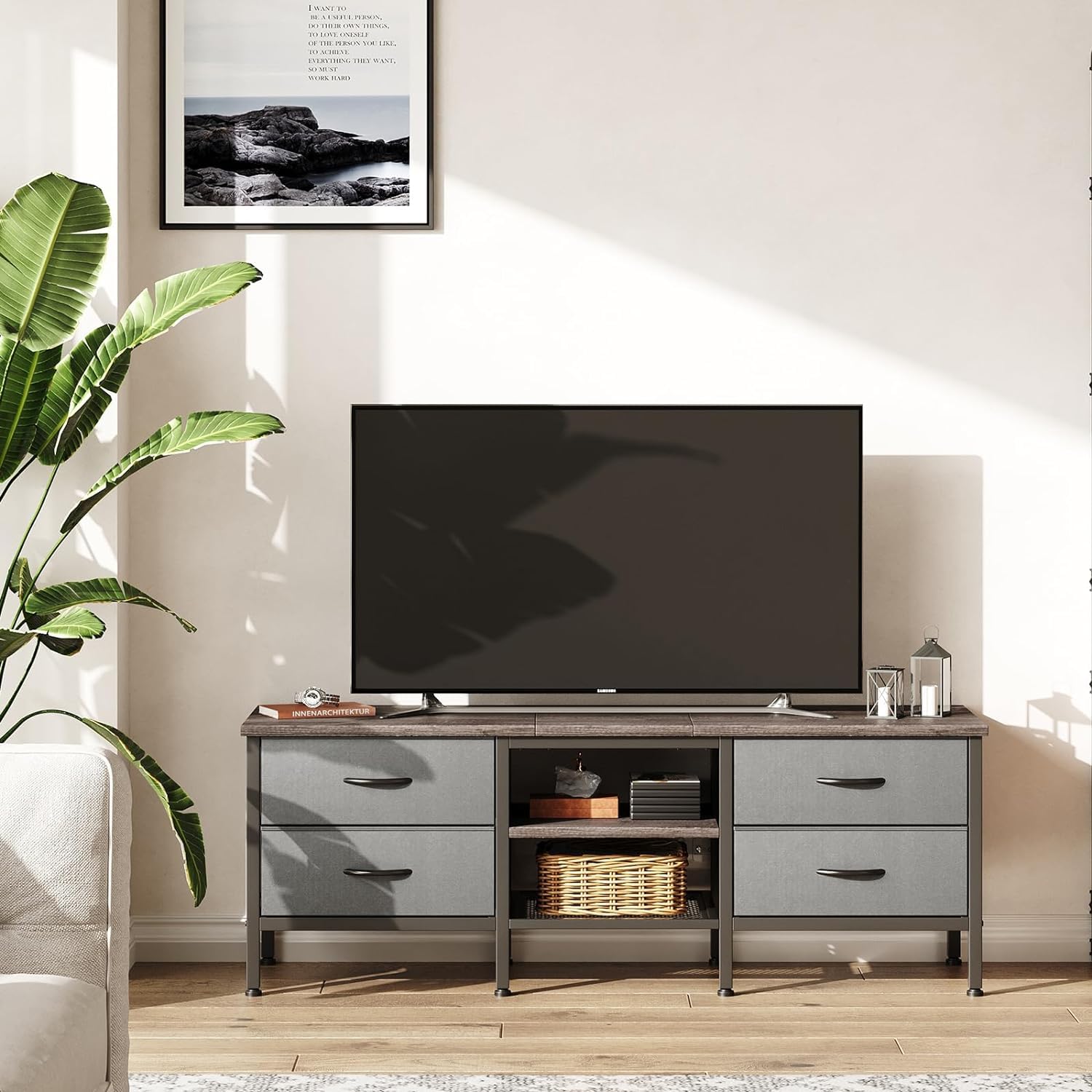 CAIYUN TV Stand with Storage, TV Table 55 Inch with Drawers for 60 65 Inch TV, TV Console Table, TV Bench for Living Room, Bedroom(Grey,55 Inch)