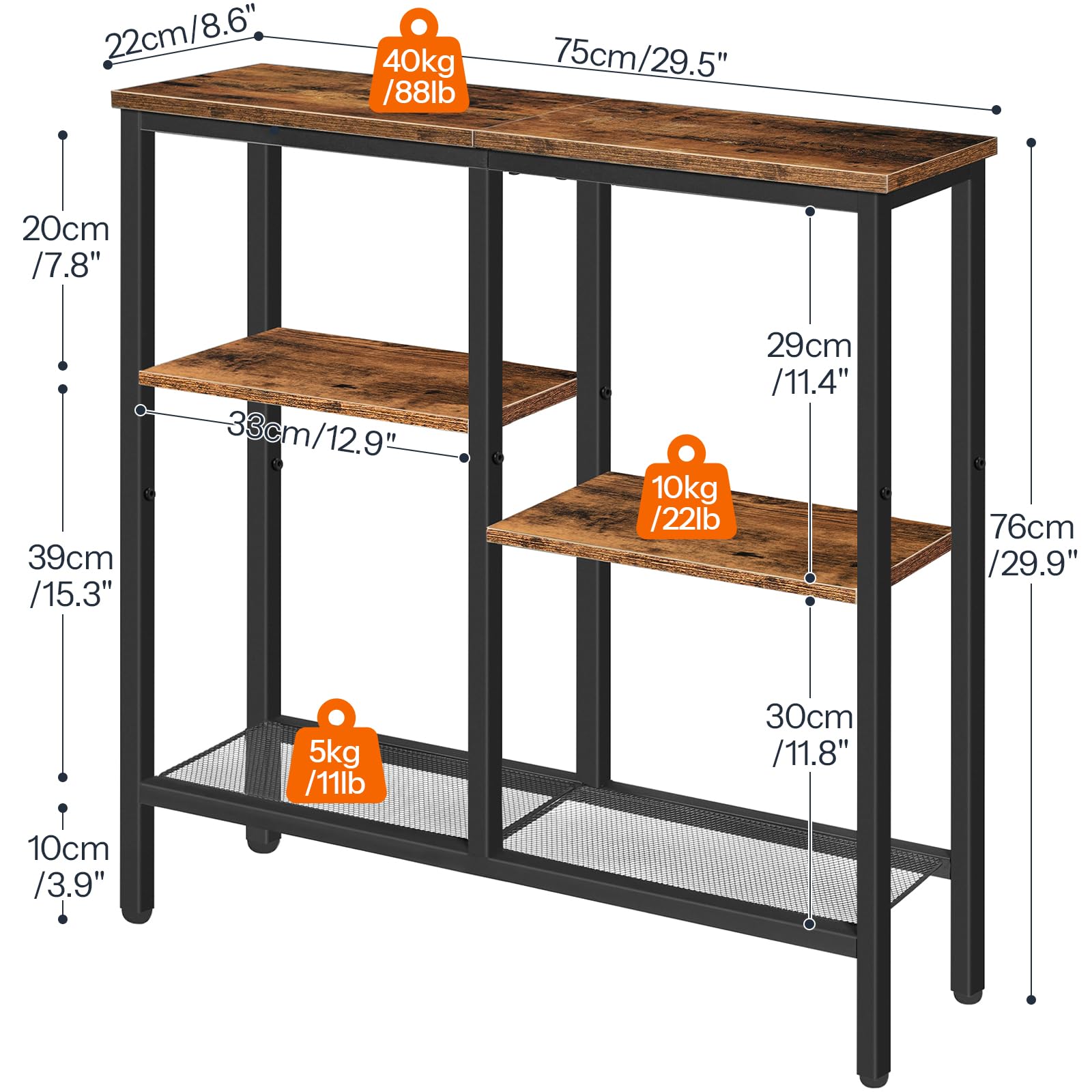 HOOBRO Console Table, Narrow Console Table, Slim Sofa Table with 4-Tier Storage Shelves, Industrial Hallway Table with Metal Mesh Shelf, for Hallway,