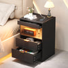 Yusong LED Nightstand Bedside Table with Charging Station 2 Drawers, Black Modern Sofa Couch End Side Table with Lights and Pull-Out Shelf for Bedroom