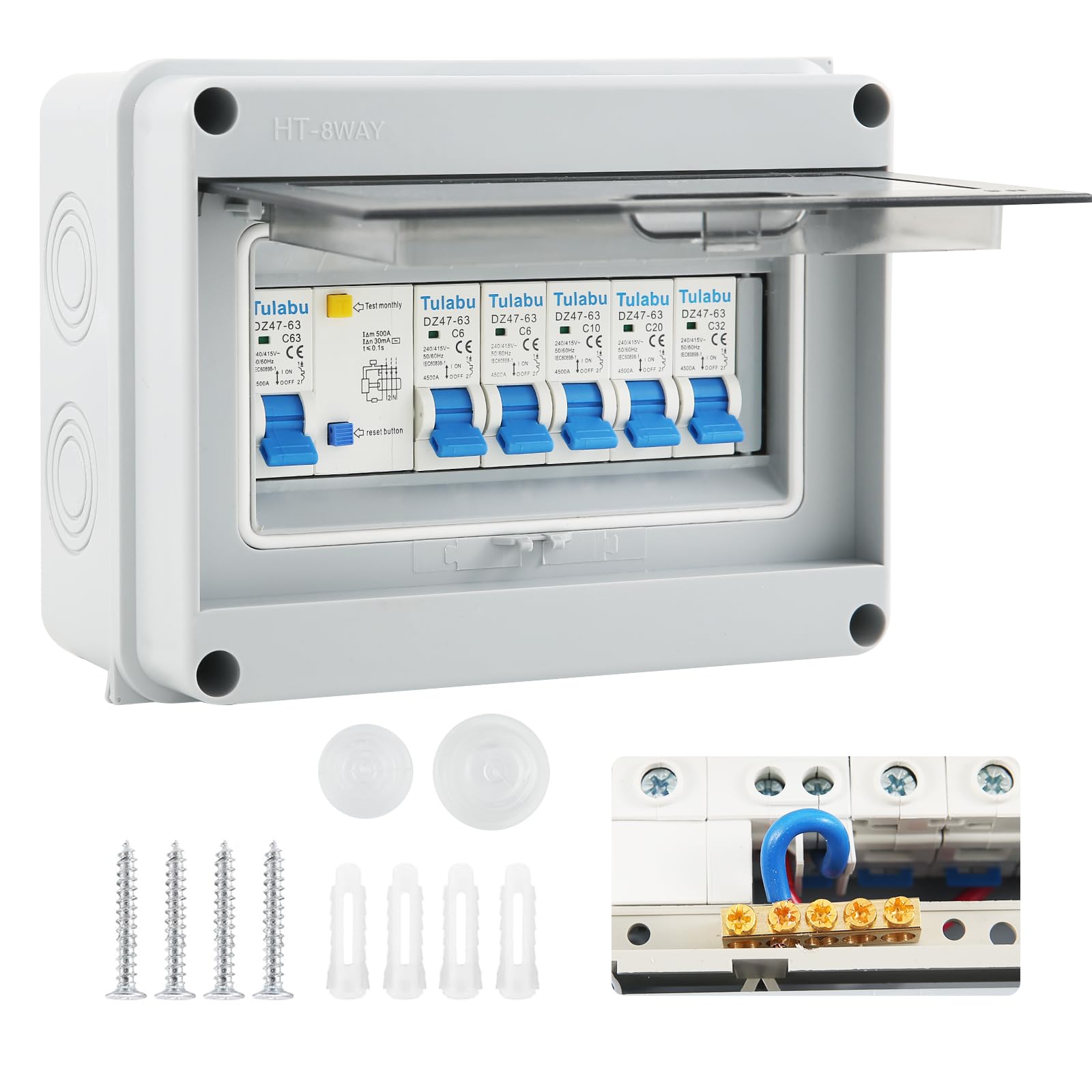 4 Way Consumer unit Circuit Breaker, Garage unit with Assembly Tool, 63A 30mA RCD 4MCB 2x6A+10A+20A+32A, IP65 Anti-Leakage Fuse Box for Garages