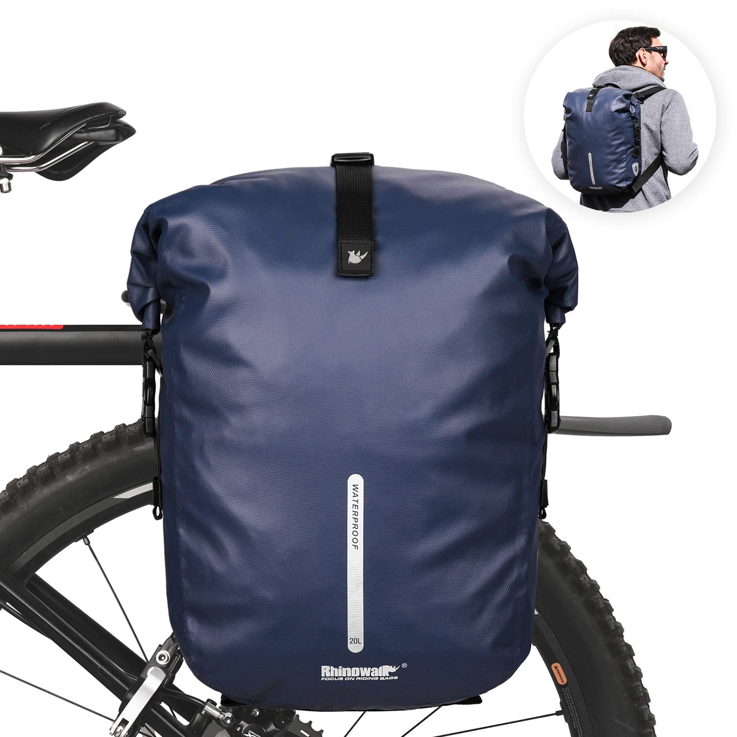 Rhinowalk Bike Pannier Bag 20L Bicycle Rear Rack Bag Laptop Storage Bag Backpack Shoulder Bag with Rain Cover