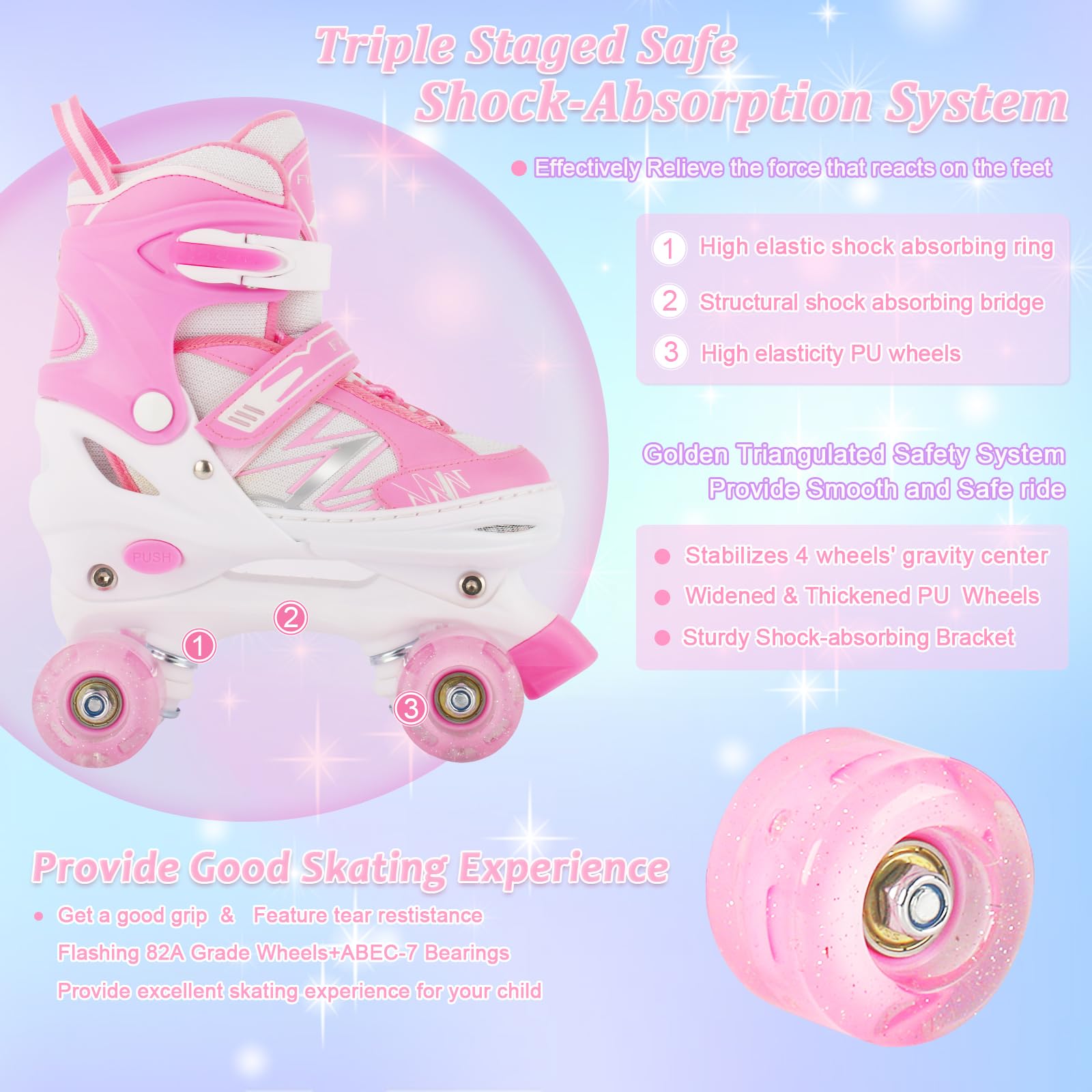 Kids Girls Roller Skates For Toddler Child Beginner, 4 Sizes Adjustable Kids Roller Skates with Light Up Wheels (Pink White, Medium)