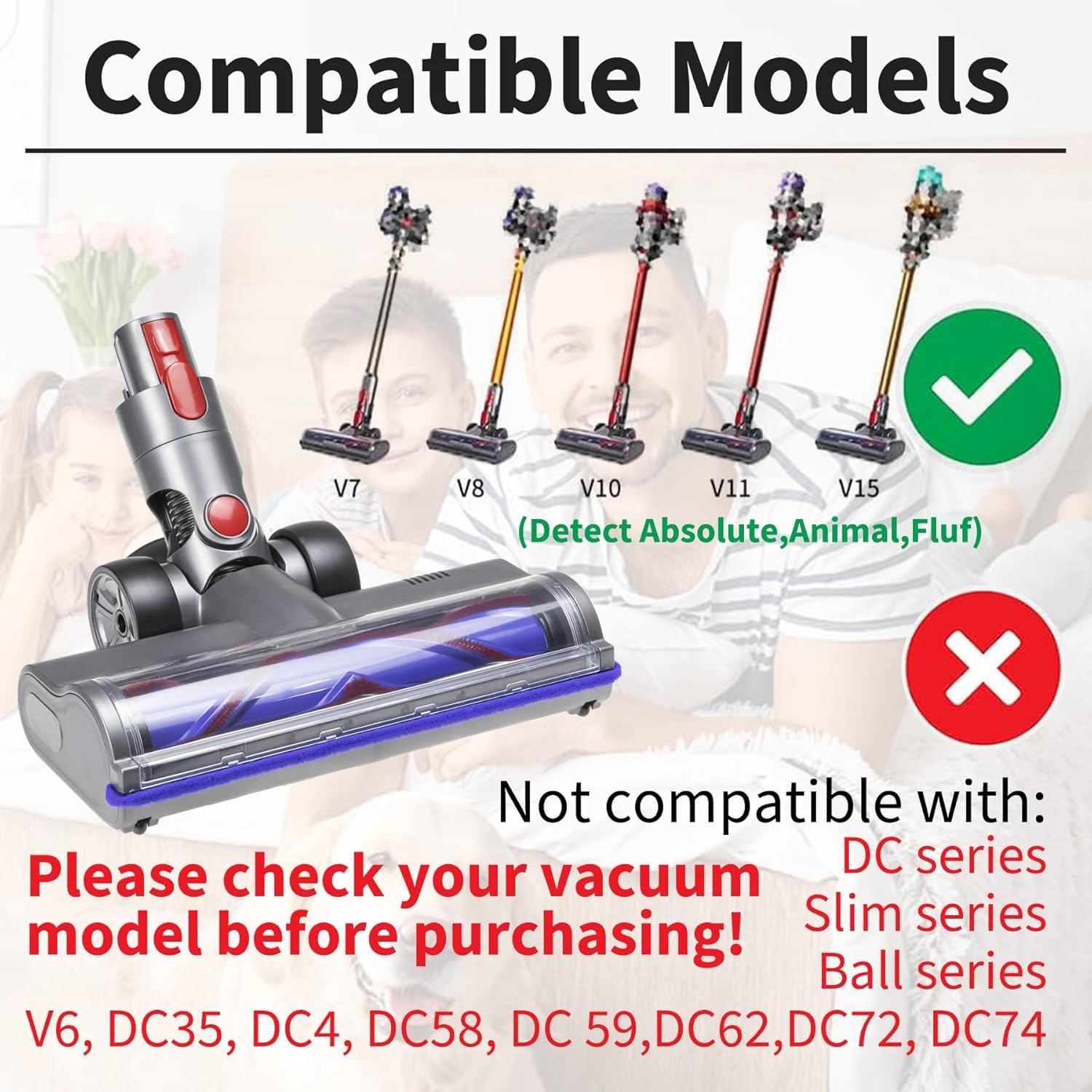 Vacuum Motorhead Compatible for Dyson V7 V8 V10 V11 V15 SV10 SV12 SV14 Animal Absolute Electric Head 4 LED V Shape Roller for Hard Floor Low Carpets