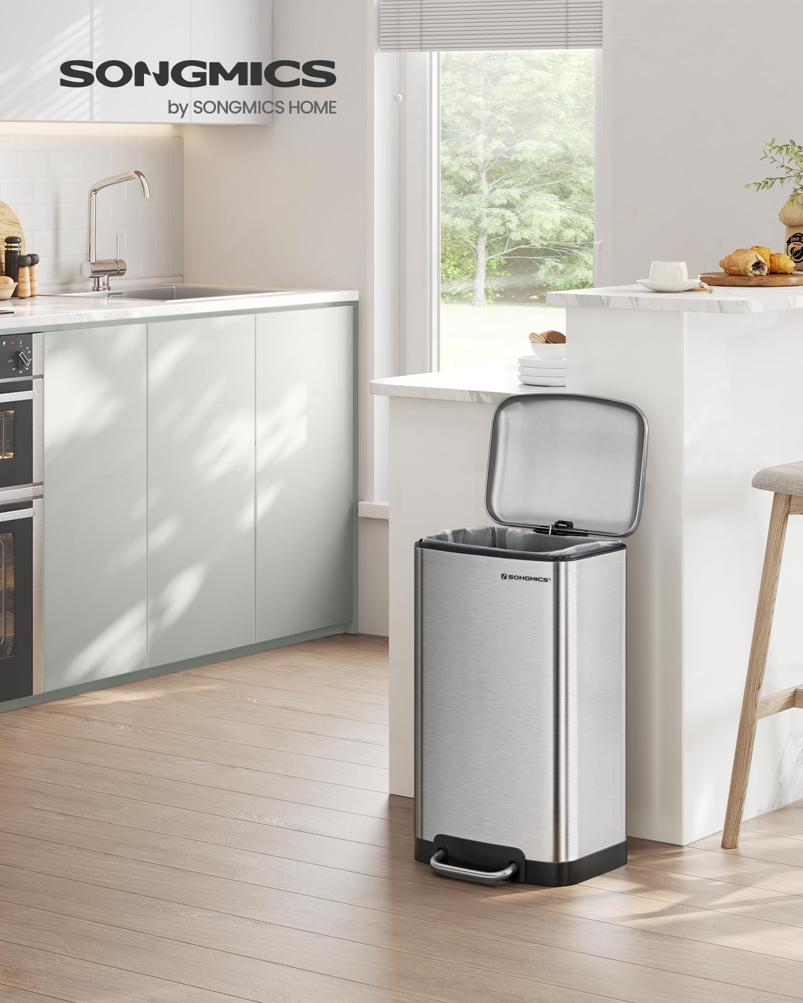 SONGMICS Rubbish Bin, 30L Trash Can, Steel Pedal Bin, with Inner Bucket and Lid, Soft Closure, Airtight, for Kitchen, Living Room, Silver Colour
