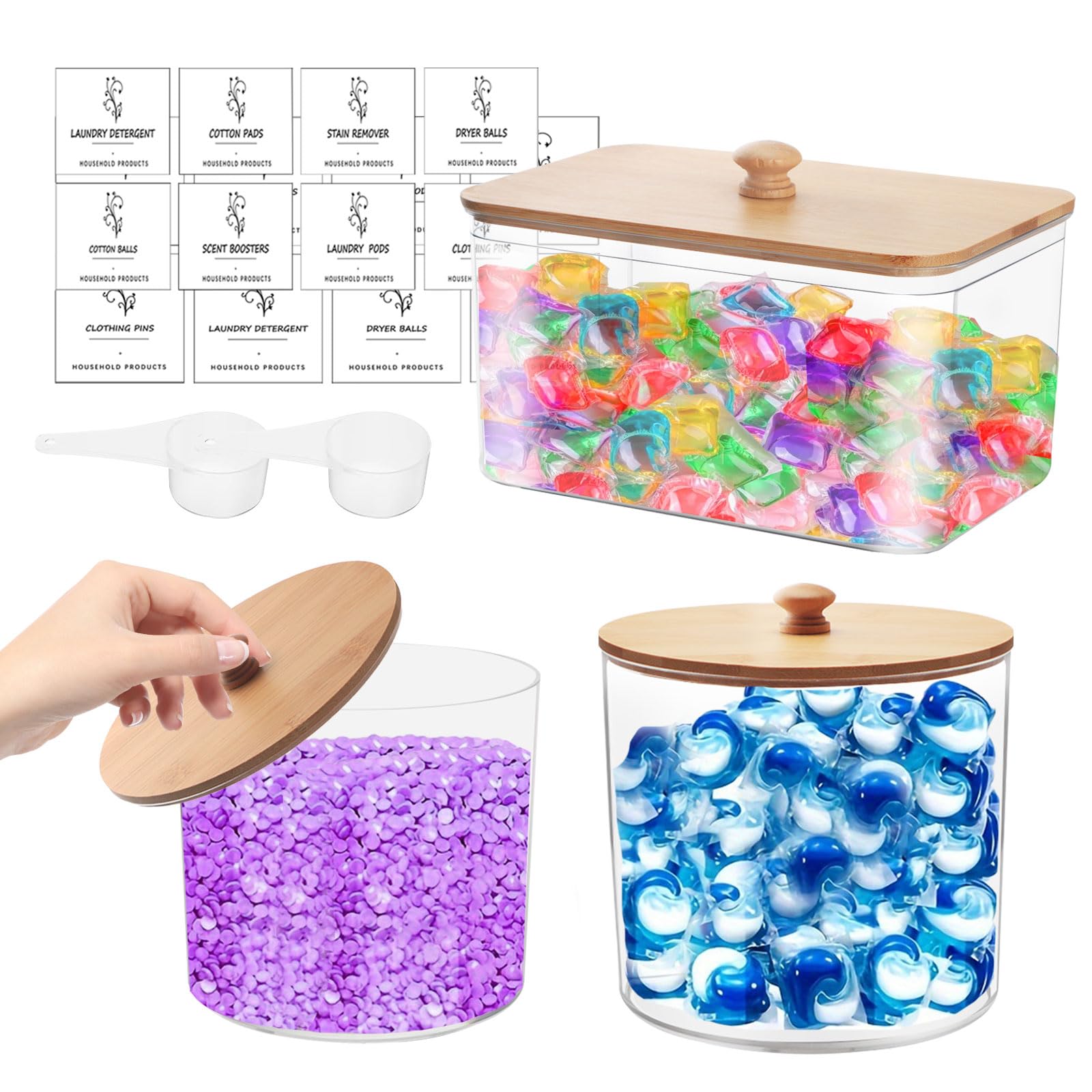3 PCS Laundry Powder Storage Container,High-Capacity Plastic Laundry Pods Storage Container with 16 Labels and 2 Spoons,Laundry Detergent Storage Jars