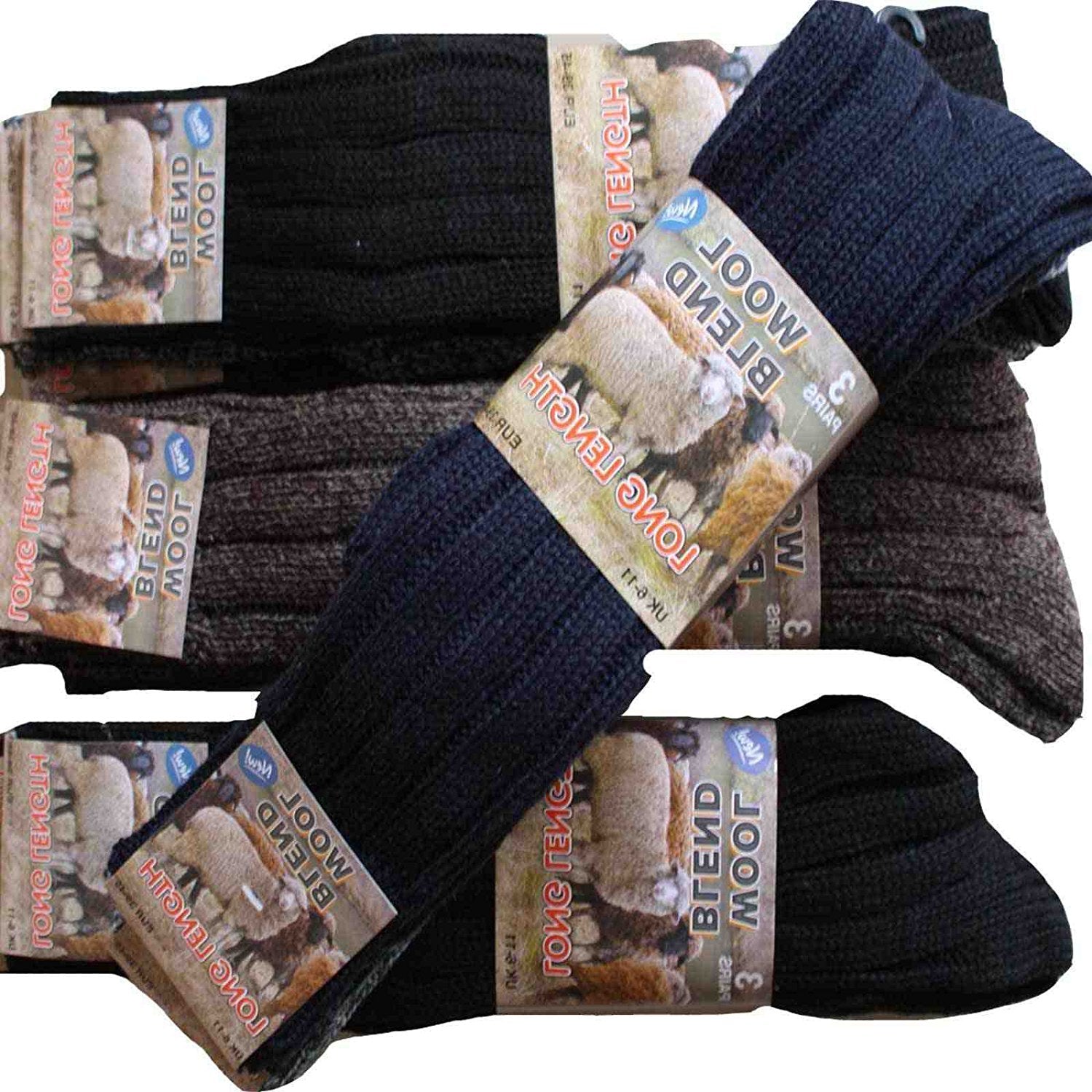 3 Pairs Mens Wool Blend Long Length Chunky Boot Thermal Socks 6-11