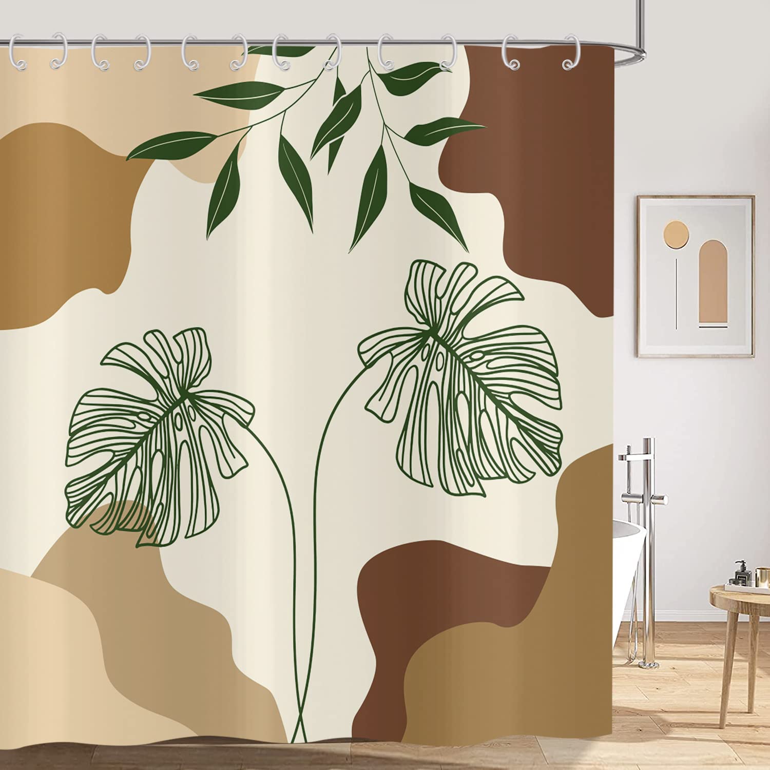 Hnmdmyi Boho Shower Curtain 180x180, Abstract Green Tropical Leaves Plant Beige Bathroom Curtains Mid Century Modern Minimalistic Geometric Aesthetic