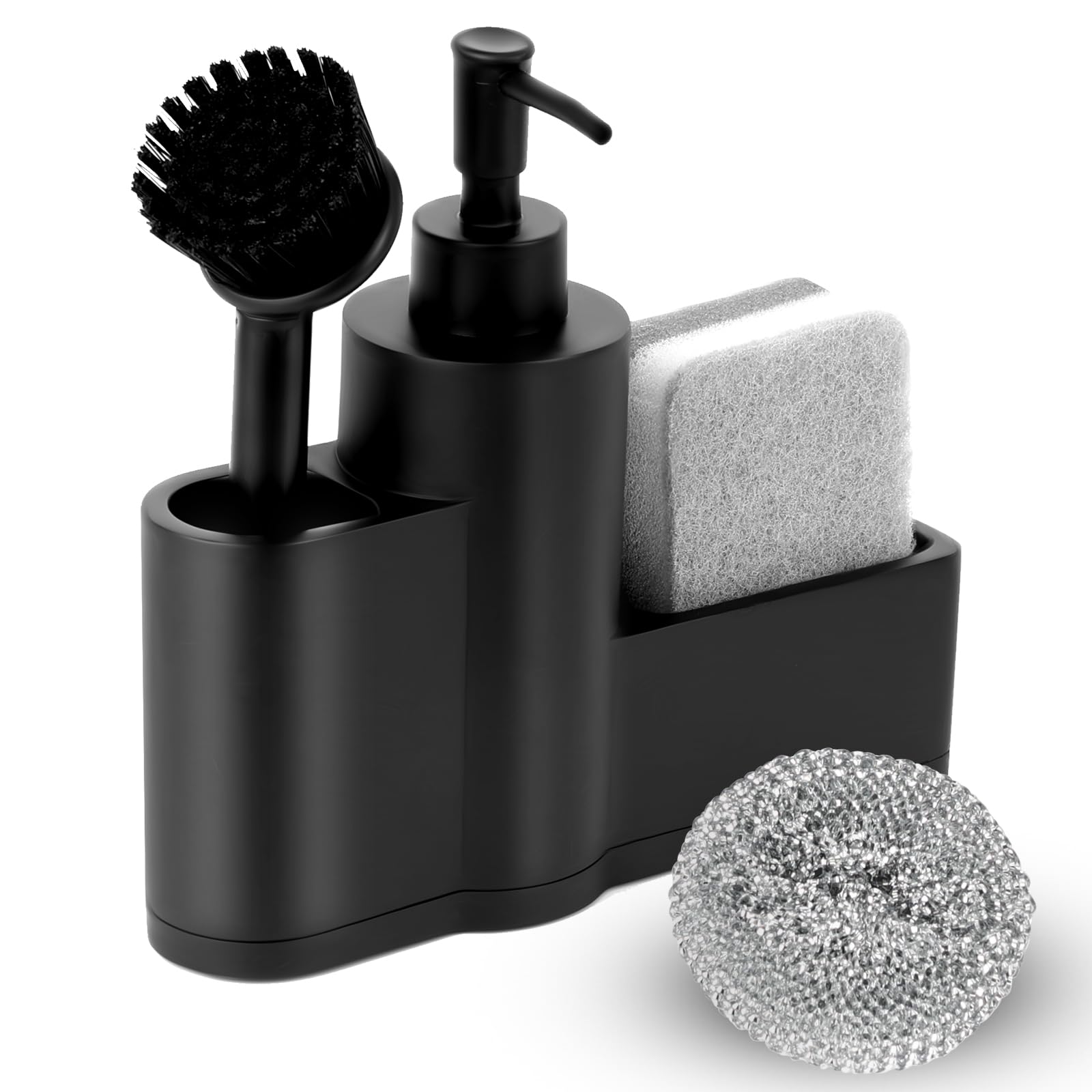 Haisheng 1 Set Kitchen Soap Dispenser, Matte Black Sink Organiser with Sponge, Brush, Stainless Steel Scrubber Set for Sink Caddy, 200ML Soap