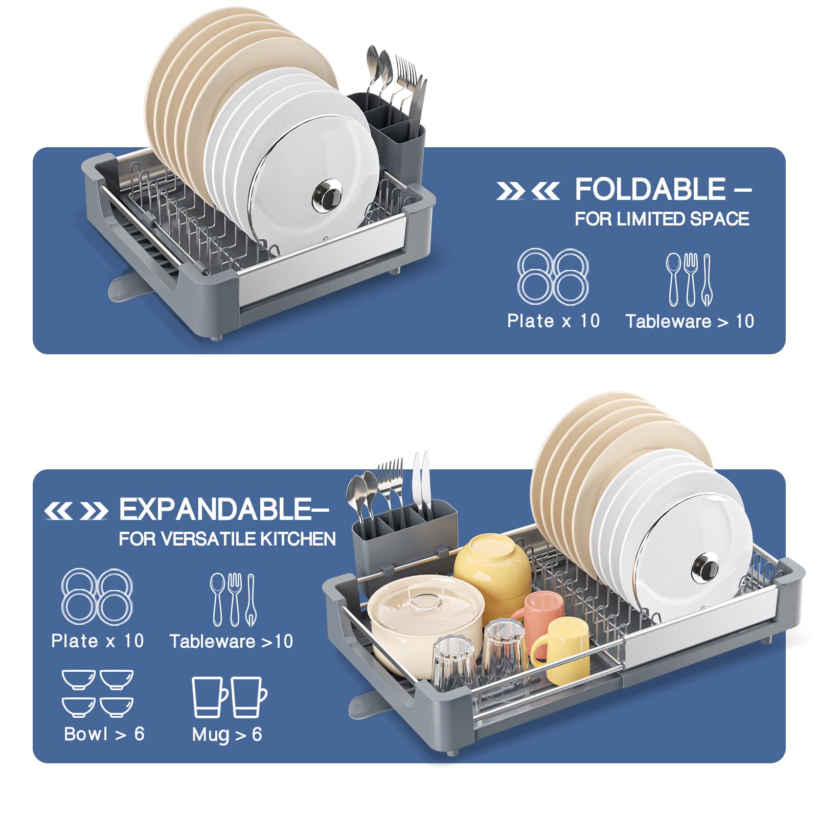 KINGRACK Expandable Dish Drainer Rack, Foldable Dish Rack With Removable Cutlery Holder, Adjustable Dish Drying Rack With Swivel Drainage Spout
