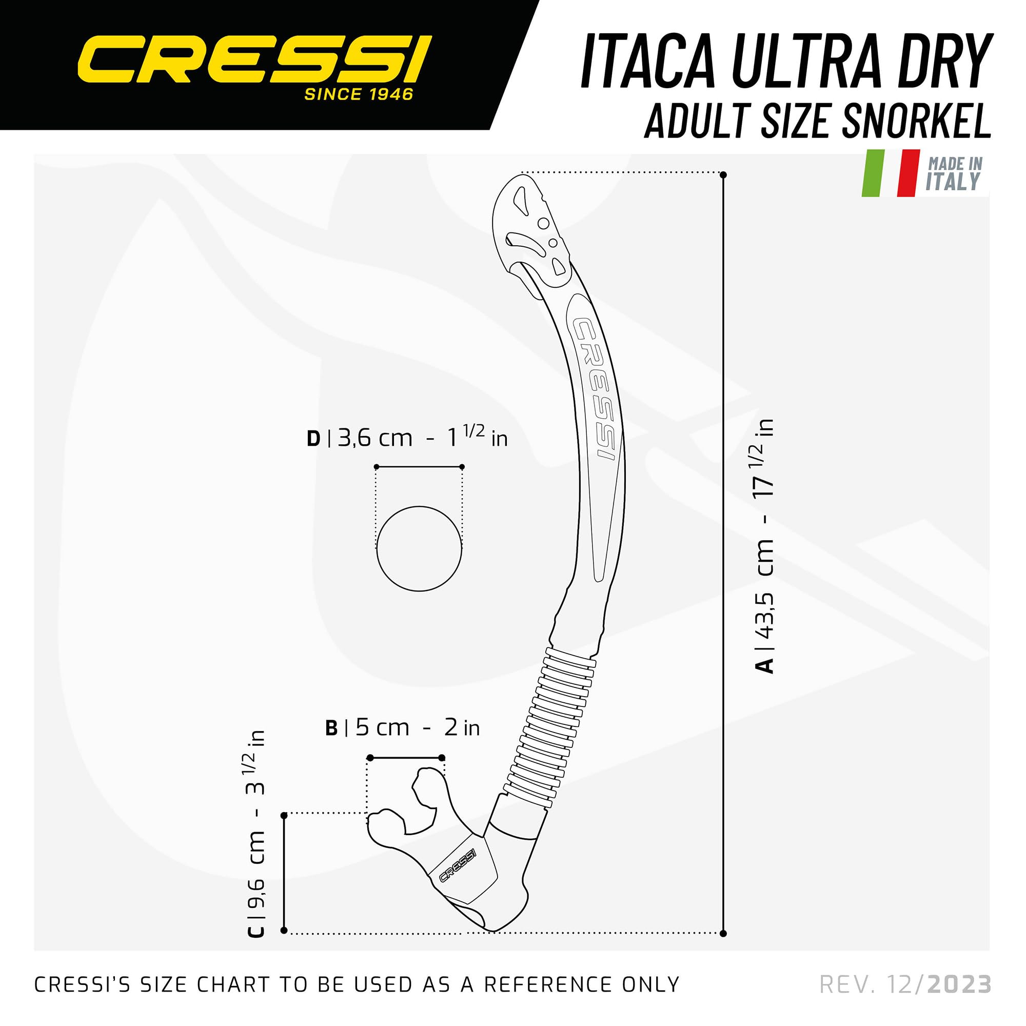 Cressi Itaca Ultra Dry Snorkel - Snorkel Dry for Free Diving and Snorkeling, Transparent/Metal Blue, One Size, Unisex Adult