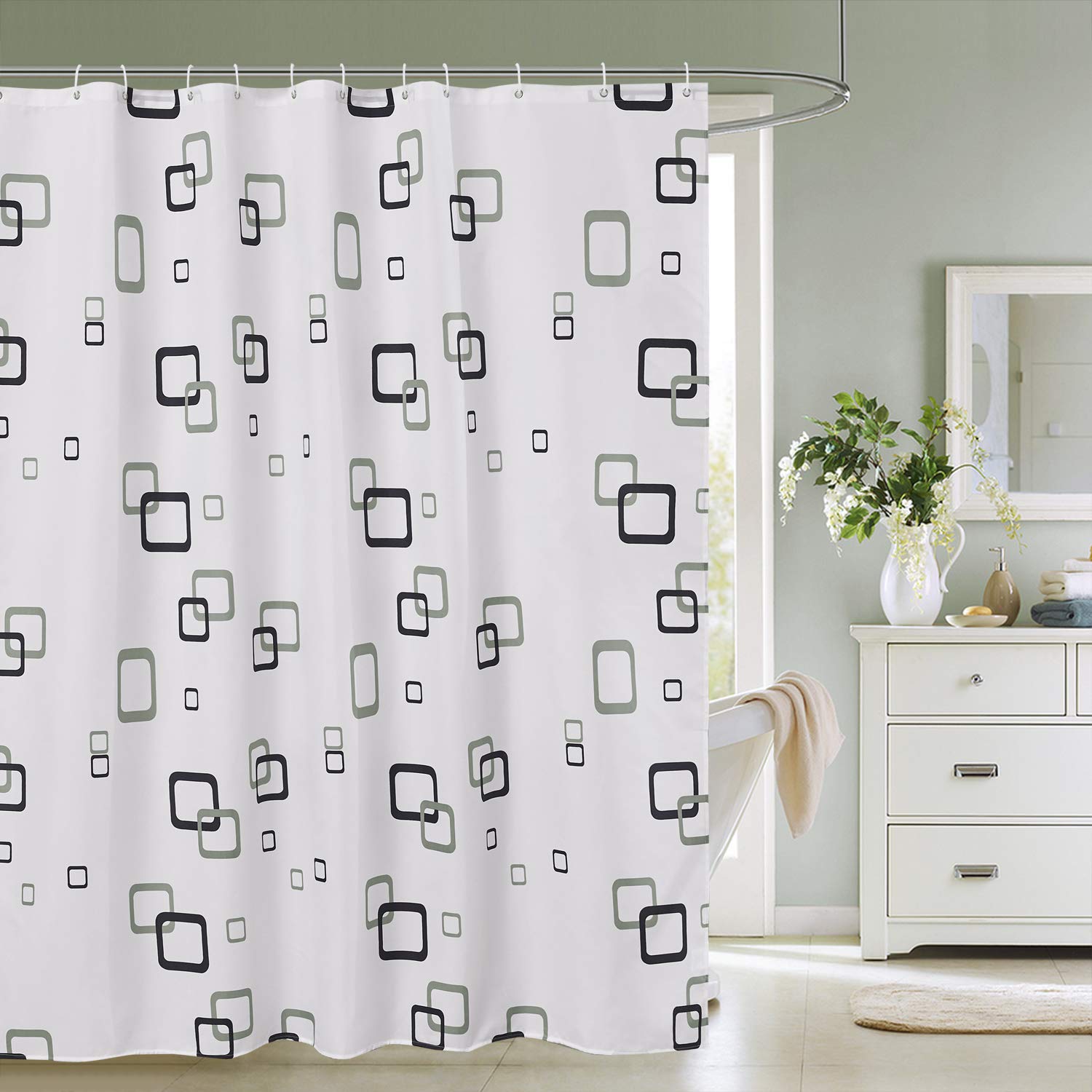 Trimming Shop Shower Curtain 180 x 200 cm Polyester Anti-Mould Waterproof Fabric Shower Liner Long Bath Bathroom Curtain with 12 Curtain Rings Hooks