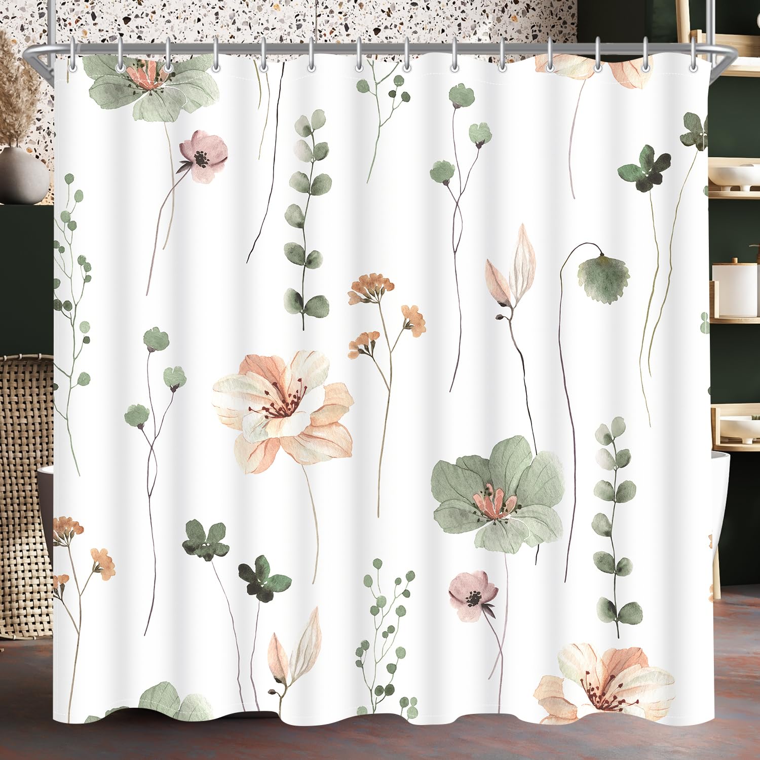 Lerores Shower Curtain, 240 x 200 cm, Sage Green Flower, Weighted Hem, Anti-Mould, Water-Repellent, Washable Polyester Bath Curtains with 16 Eyelets
