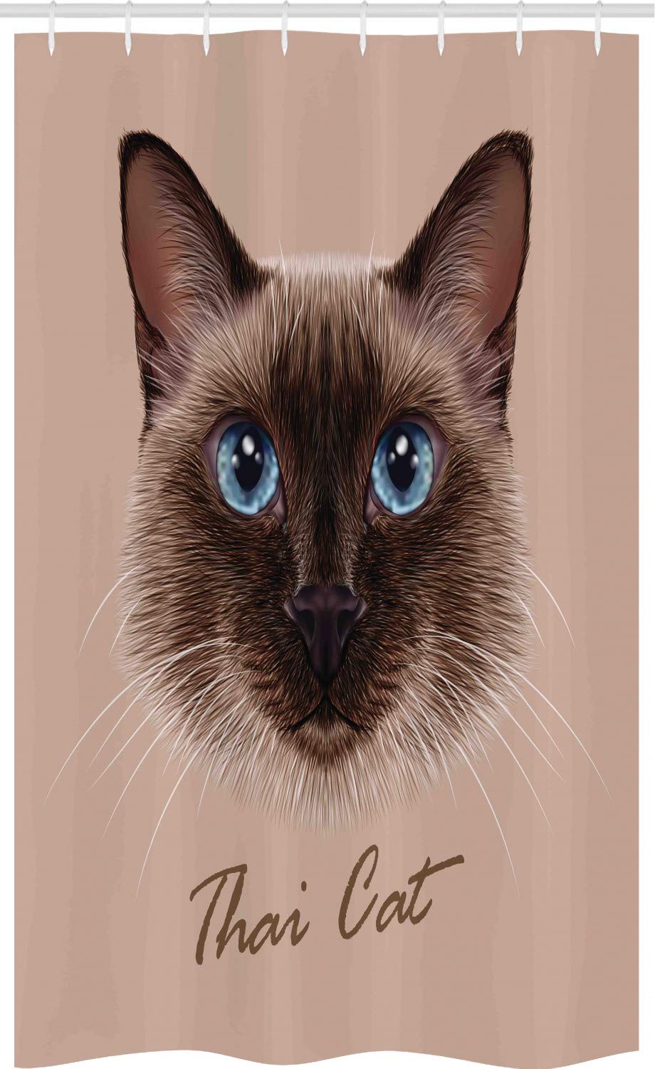 ABAKUHAUS Cat Stall Shower Curtain, Realistic Traditional Siamese Cat Portrait Illustration Domestic Fluffy Animal Theme, Fabric Bathroom Decor Set