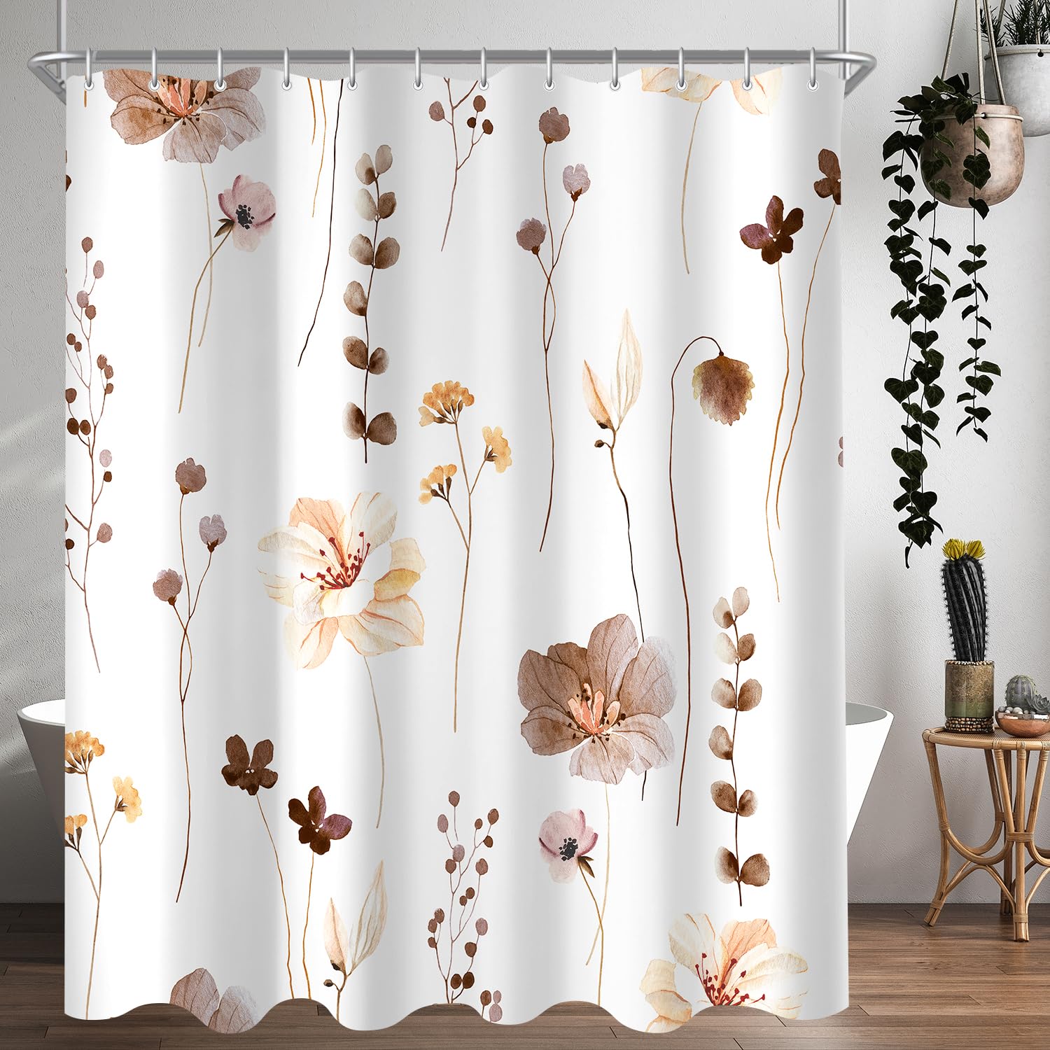 Lerores Shower Curtain, 180 x 170 cm, Brown Flower, Weighted Hem, Anti-Mould, Water-Repellent, Washable Polyester Bath Curtains with 12 Eyelets and