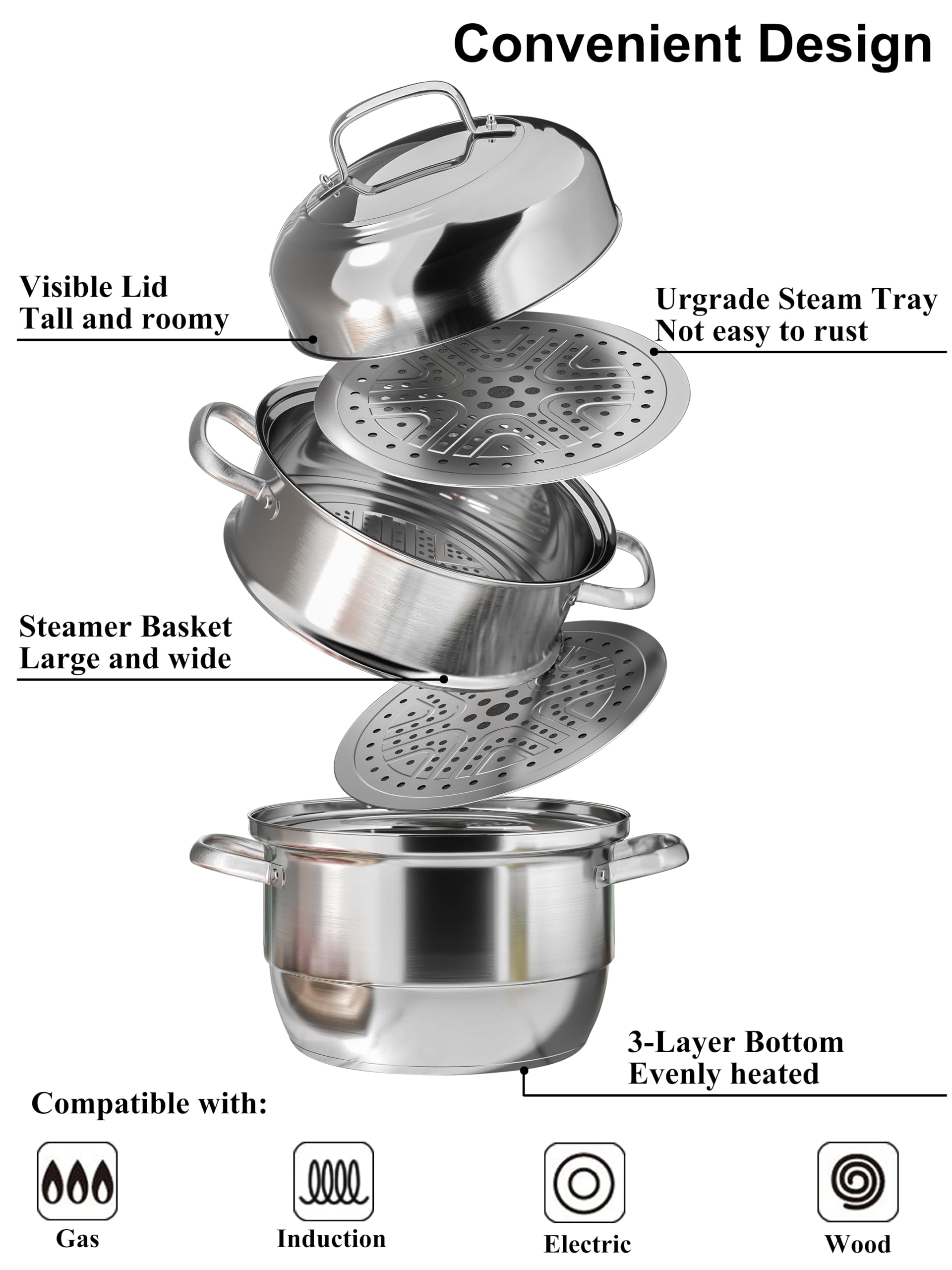 VENTION Steamer Cooking 34cm, 3 Tier Steamer, Large Steamer for Induction Hob