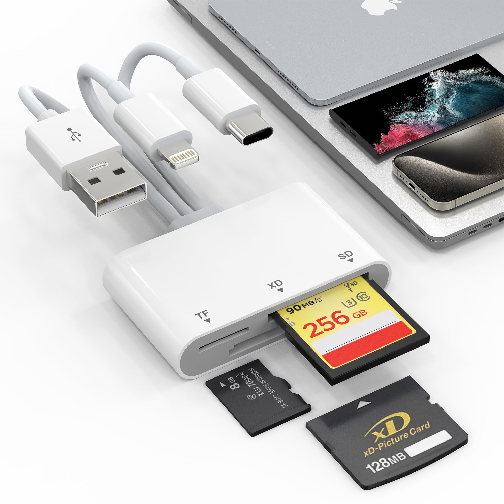 XD Card Reader, SD Card Reader for iPhone, 3 in 1 SD/TF/XD Picture Reader for Lightning/USB C/USB A Device, Lightning+USB A+USB C xd Picture Card