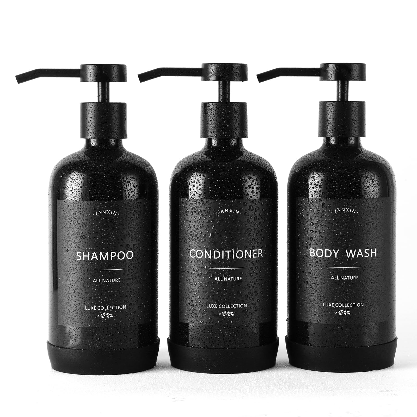 Janxin Shampoo and Conditioner Dispenser, Refillable 600ml Shampoo Bottles, Shower Dispenser with Waterproof Labels for the Bathroom (Black Bottles +