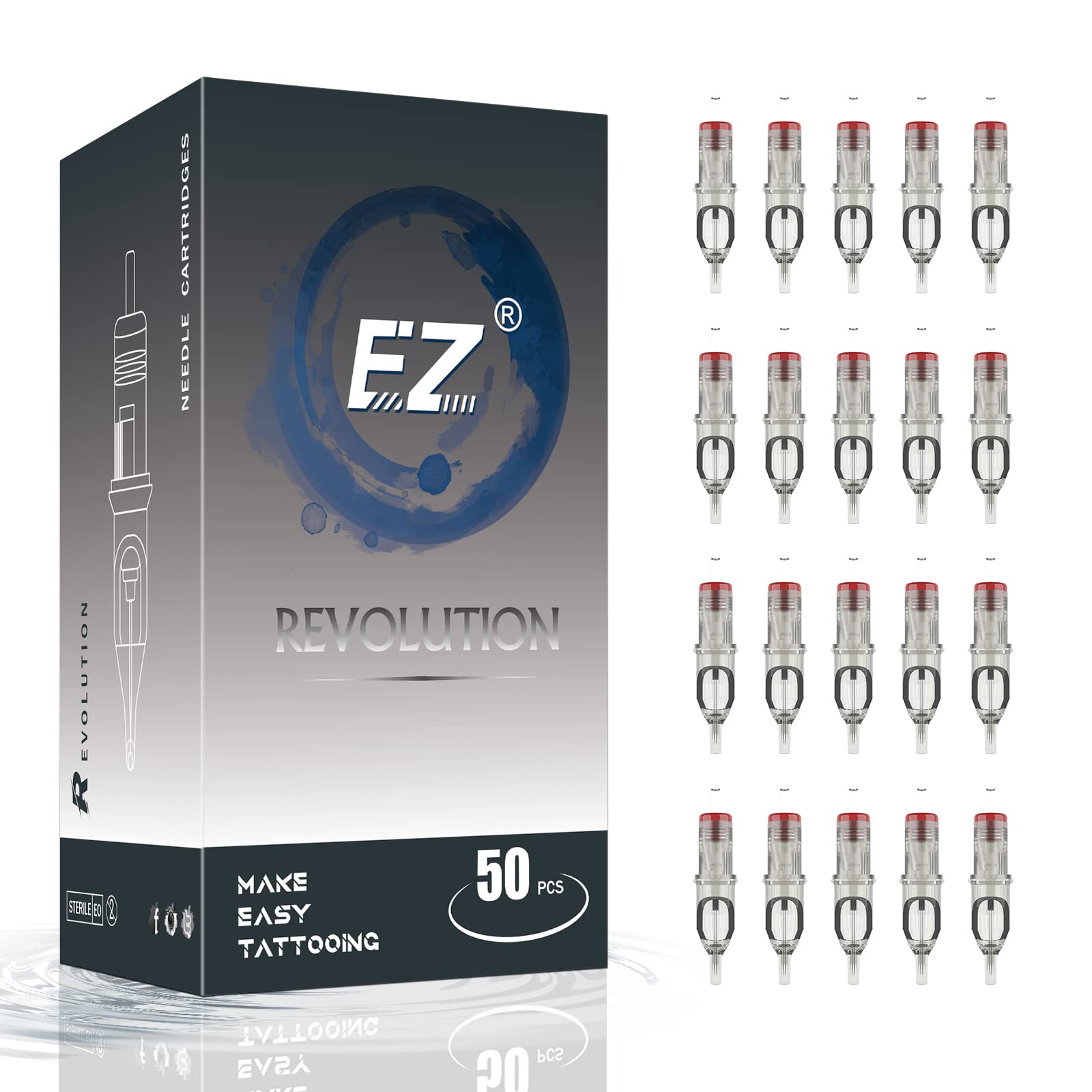 EZ Tattoo Cartridge Needles Assorted - 50Pcs #12 Mixed (7RM 9RM 11RM 13RM 15RM) Standard Round/Curved Magnum Tattoo Needle Cartridges for Tattooing