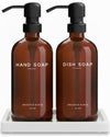 Amber Glass Hand and Dish Soap Dispenser Set by Brighter Barns - Kitchen Soap Dispenser Set with Tray - Farmhouse Soap Dispenser for Kitchen Sink -