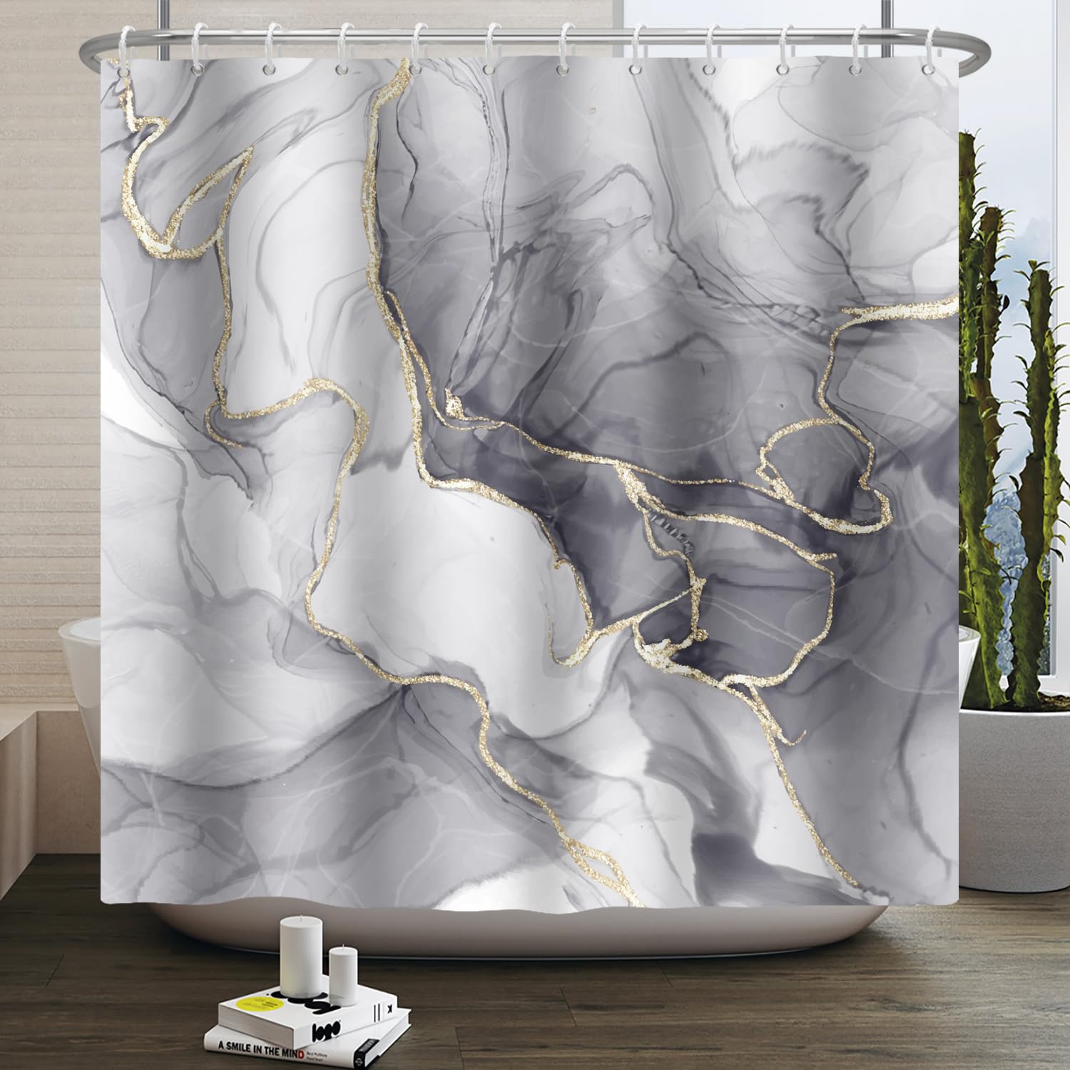 Kzzfqxb 178x183cm Shower Curtains with Plastic Hooks, Waterproof Occluded Grey Marble Texture Golden Curve Lines Flowing Smoke Art Pattern for Bath,