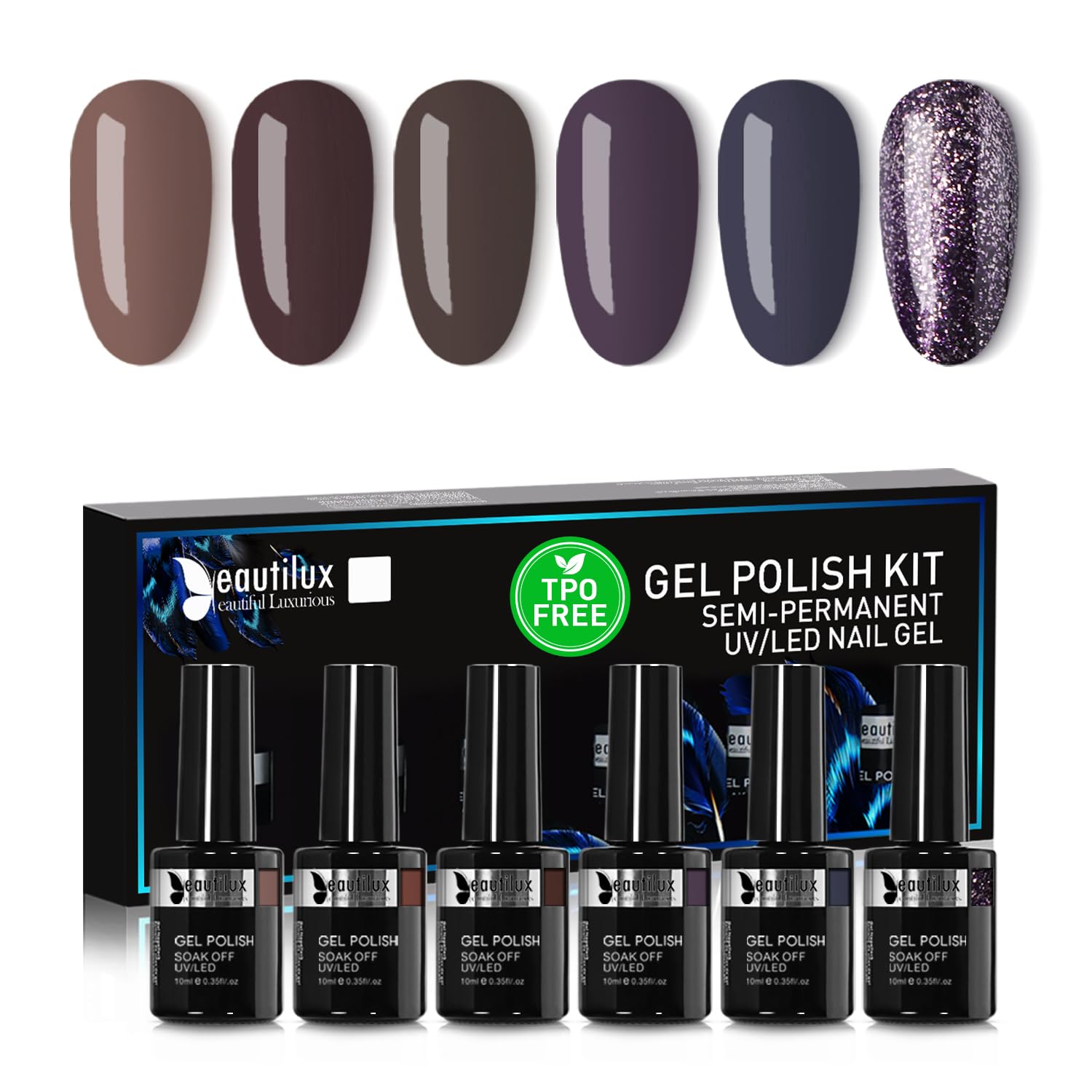 Beautilux HEMA&TPO Free Gel Polish 6x10ml -European Standard- Long-Lasting Formula, Tight Color, Easy Apply, Salon-Grade Shine for Up to 21 Days,