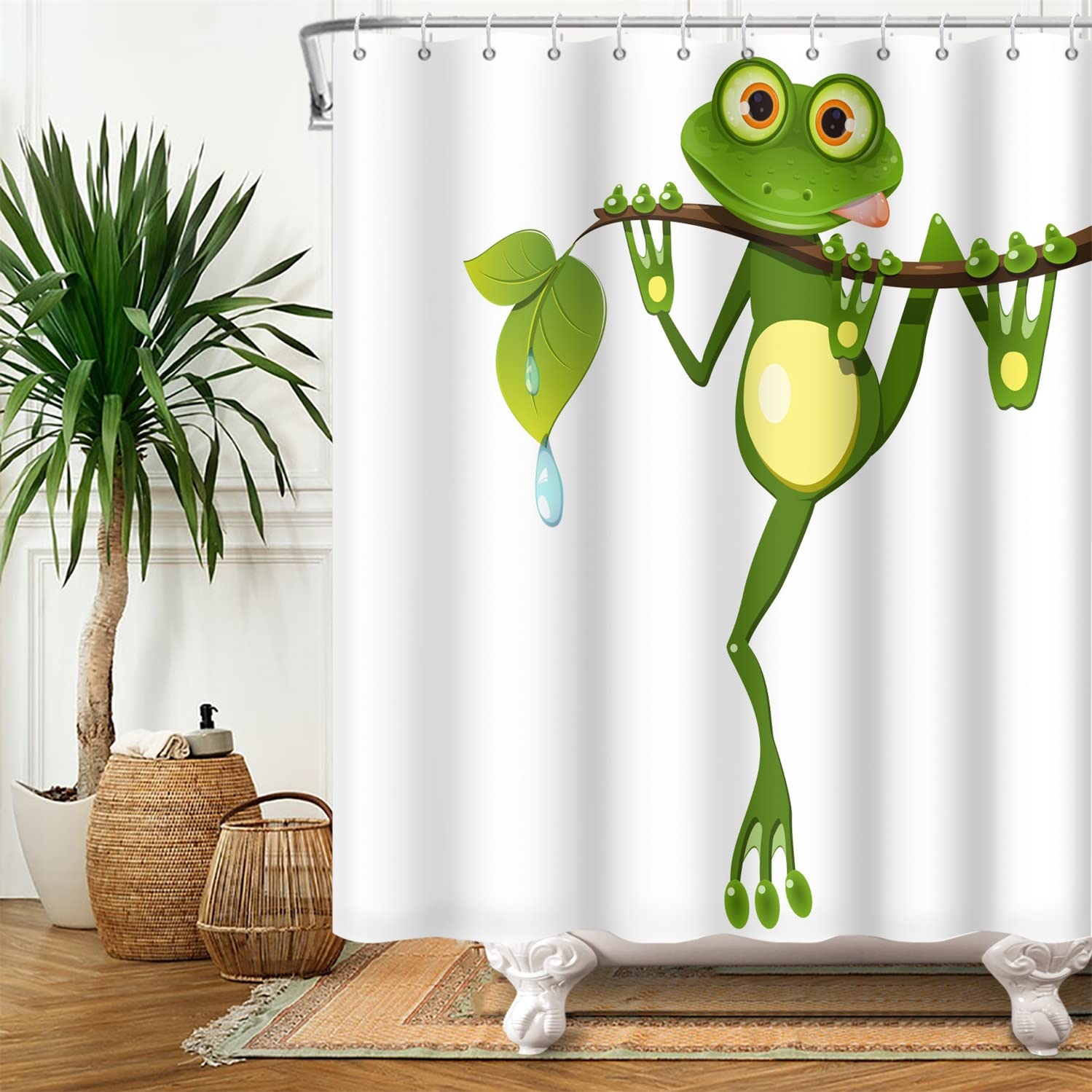 SDOTPMT 180x213cm Cute Cartoon Frog Shower Curtain Little Frog on Tree Branch Green Leaves Bath Curtain Summer Animal White Bathtub Curtain for Kids