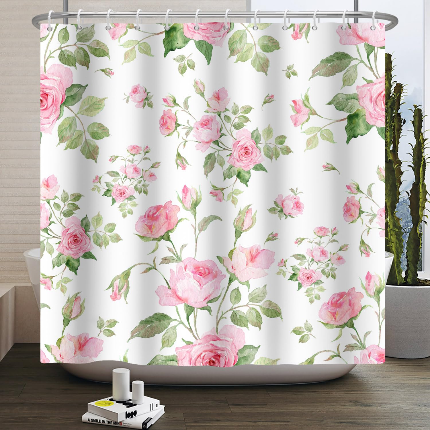 Kzzfqxb 183x213cm Floral Shower Curtains with Plastic Hooks, Bunches of Flowers Blooming Pink Roses with Green Leaves Waterproof Polyester Fabric for