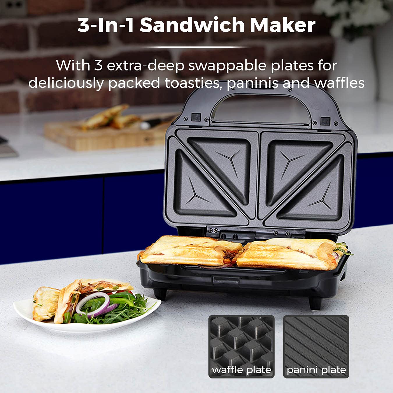 Tower T27020 3-in-1 Deep Fill Sandwich Maker with Interchangeable Waffle Plates, Stainless Steel, Silver/Black