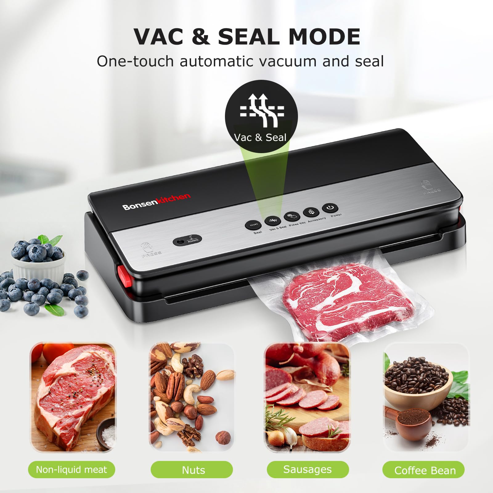 Bonsenkitchen Vacuum Sealer Machine, Multi-Functional, Globefish Technology for High-Speed Continuous Working, Food Vacuum Sealer with 50pcs Vacuum